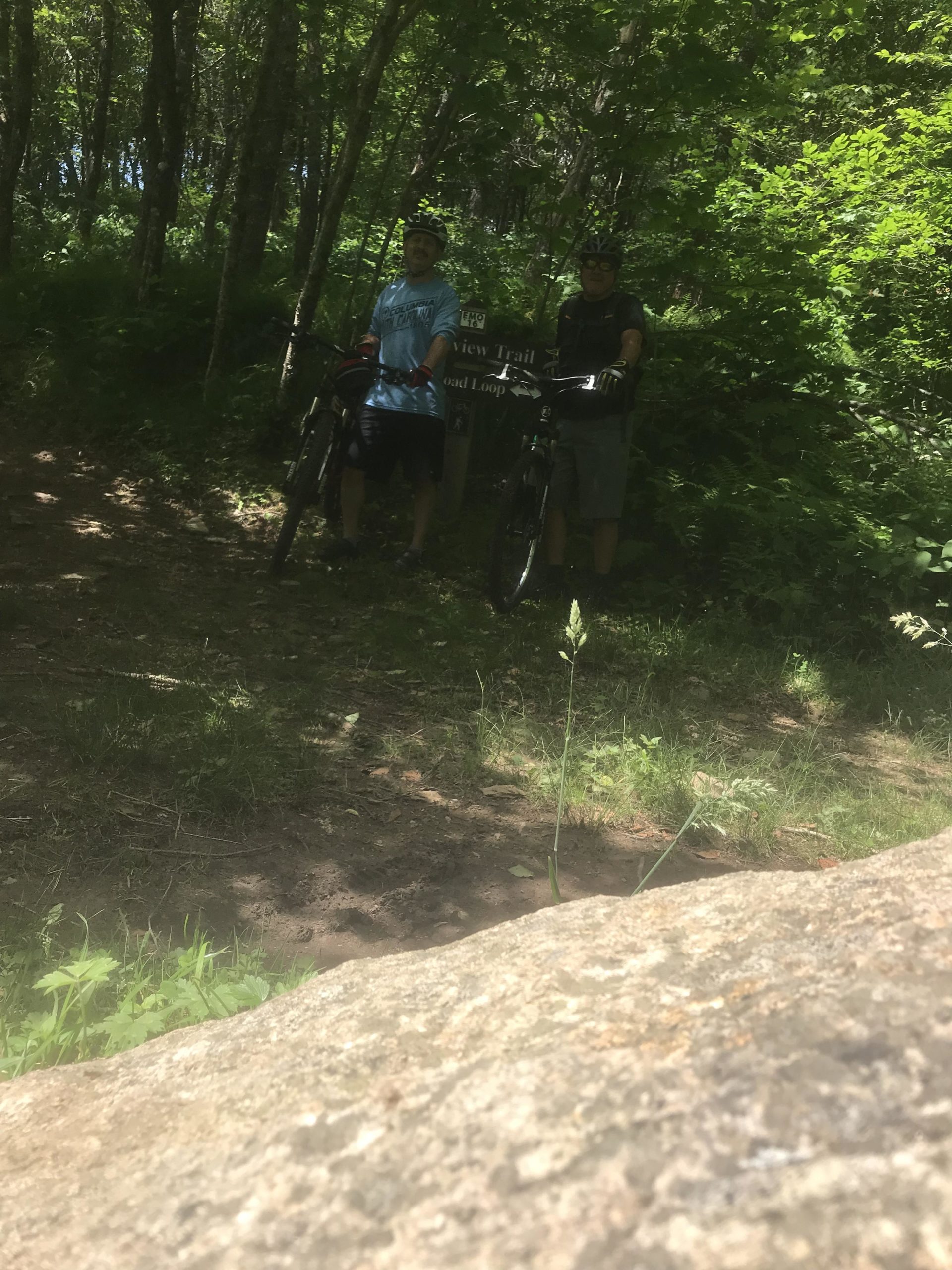 Two mountain bikers stand beside their bikes in a wooded area, with a trail sign partially visible in the background. The scene is filled with lush greenery, and sunlight filters through the trees, creating a vibrant outdoor atmosphere. A large rock is in the foreground, adding to the natural setting. Emerald Outback mountain bike trail.