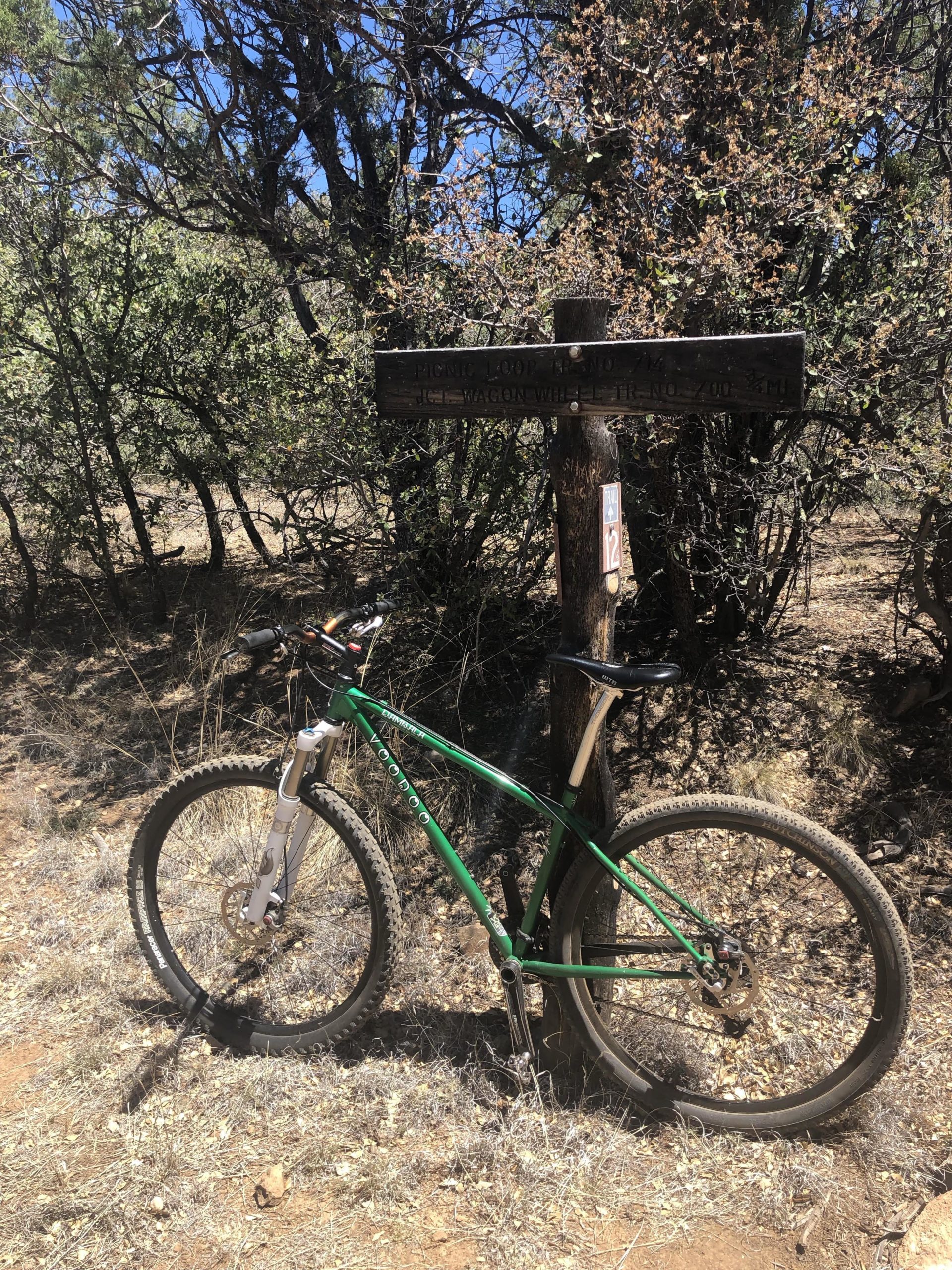 A green mountain bike leaning against a wooden trail sign in a forested area, surrounded by shrubs and trees. The sign indicates directions to a picnic area and nearby trail details. The ground is covered with dry grass and small rocks. Little Walnut mountain bike trail.