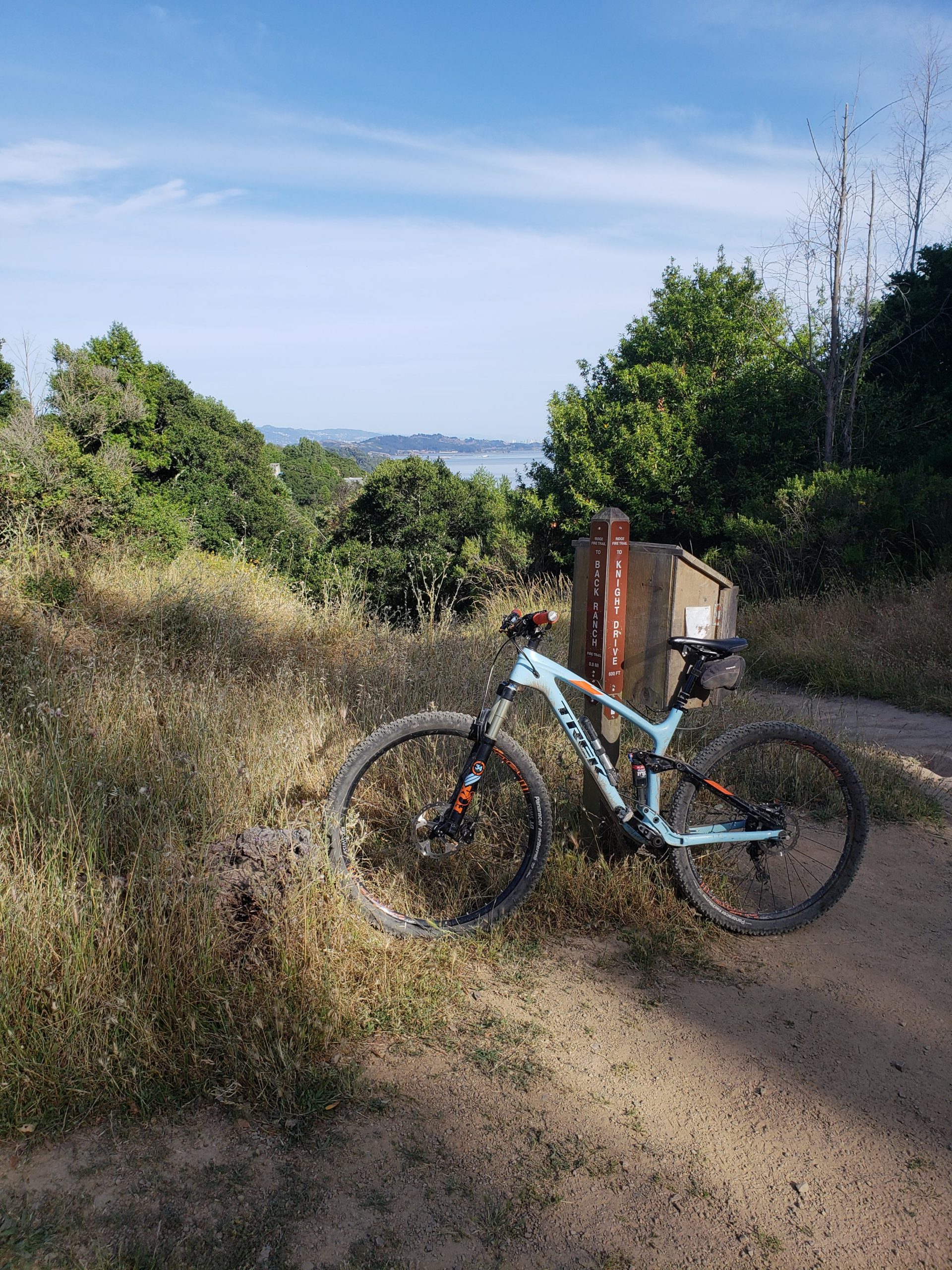 A light blue mountain bike resting on a dirt path surrounded by tall grass and shrubs, with a scenic view of a body of water and hills in the background. There are trail signs nearby indicating different paths. The sky is partly cloudy, contributing to a peaceful outdoor atmosphere. China Camp mountain bike trail.