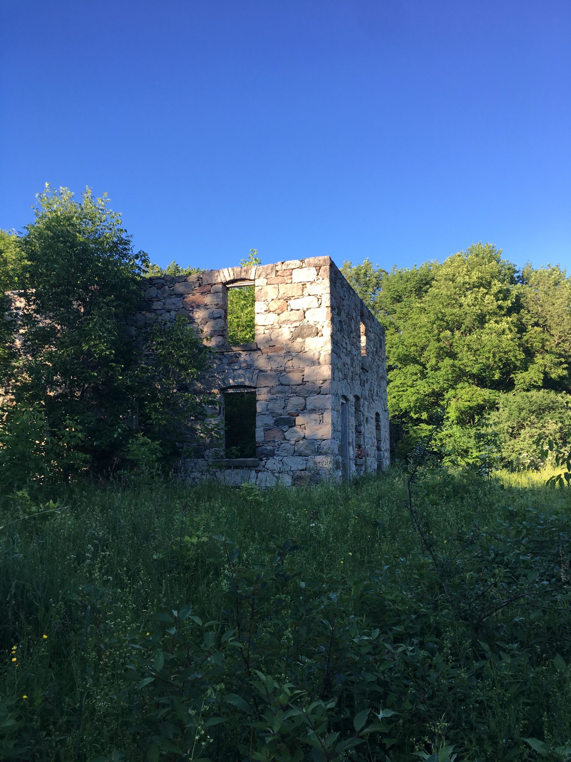 A partially collapsed stone building surrounded by lush green foliage under a bright blue sky. The structure features several window openings, with nature encroaching on the ruins. Luther Marsh mountain bike trail.