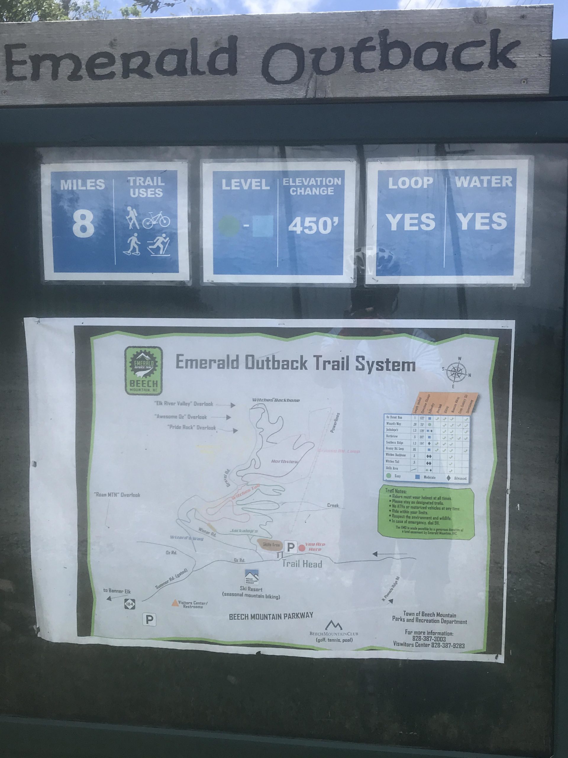 Information board for the Emerald Outback Trail System. It includes details such as the total distance of 8 miles, trail usage options for hiking and biking, a level rating, elevation change of 450 feet, and indicates that the trail is a loop with water available. A map of the trail layout is also displayed below the information. Emerald Outback mountain bike trail.