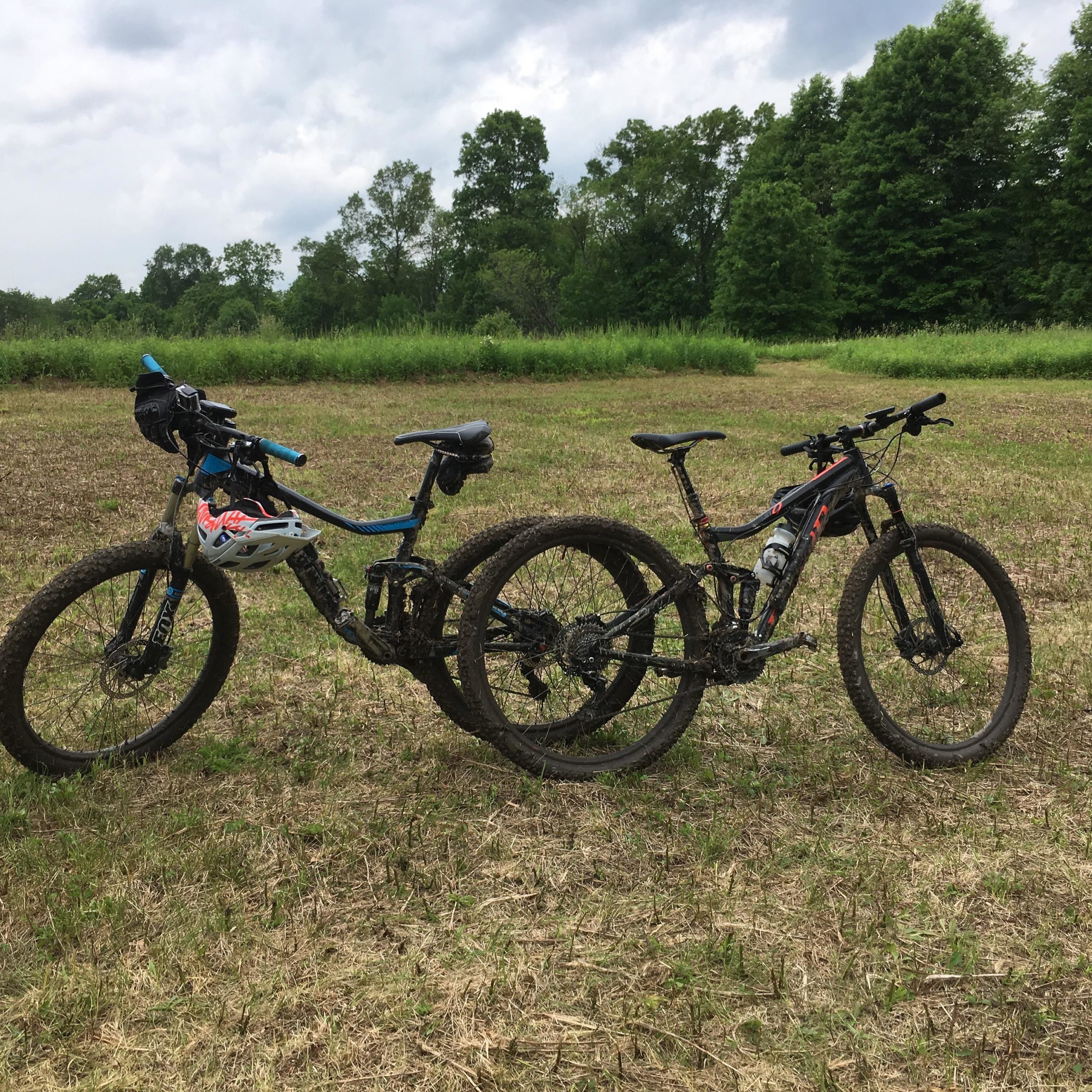 Two mountain bikes, one blue and one black, are parked on a grassy field. The bikes show signs of mud, indicating recent use in off-road conditions. Trees and a cloudy sky are visible in the background. Stewart State Forest mountain bike trail.