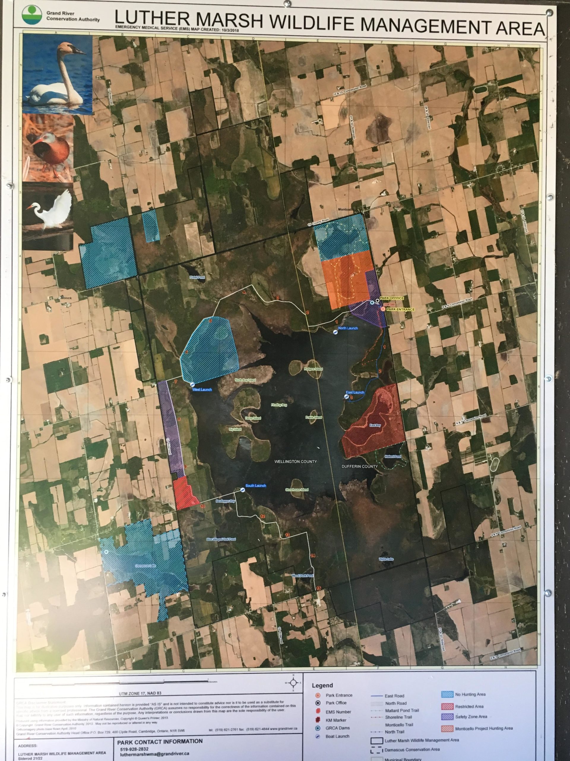 Map of Luther Marsh Wildlife Management Area, showing various regions marked in different colors, including areas for hunting restrictions and park facilities. The map includes images of birds and has contact information for park inquiries at the bottom. Luther Marsh mountain bike trail.
