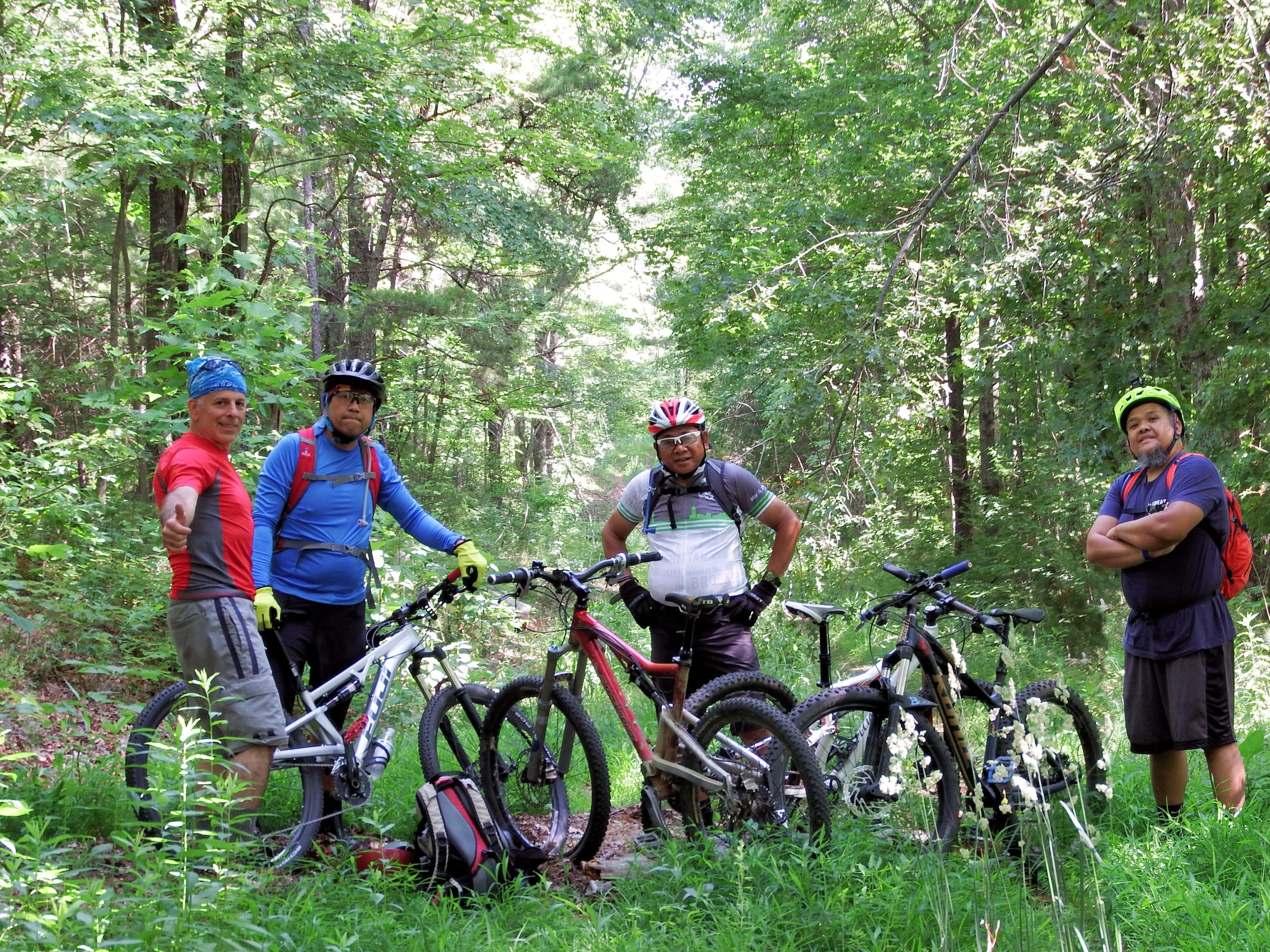 A group of four mountain bikers posing on a trail surrounded by lush green foliage. They are wearing cycling gear and helmets, with their bikes parked beside them. The setting suggests a fun and adventurous day out in nature. Sinkhole mountain bike trail.