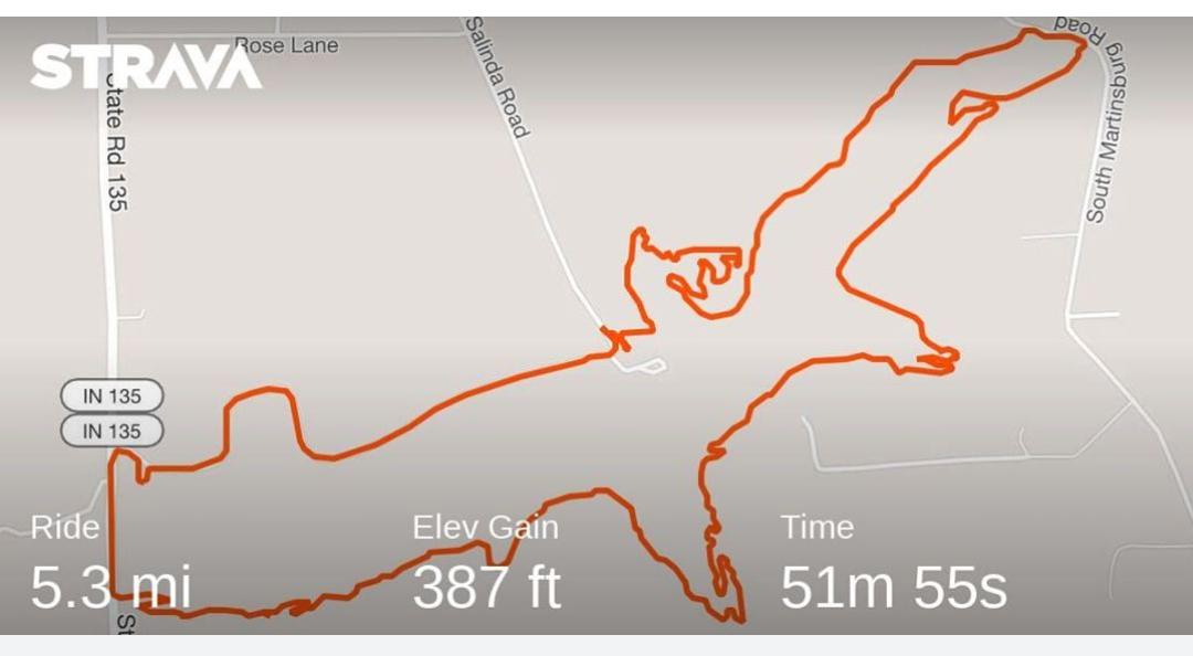 A map displaying a cycling route recorded on Strava, showing an orange line that traces the path taken over 5.3 miles with an elevation gain of 387 feet, completed in 51 minutes and 55 seconds. The route includes twists and turns, and intersects with State Road 135. Eagles Trace MTB Trail at Lake Salinda mountain bike trail.