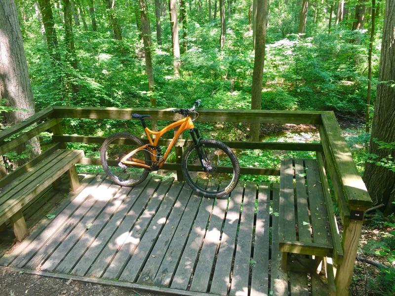 A bright orange mountain bike rests on a wooden observation deck in a lush green forest. The deck is surrounded by dense trees and foliage, providing a serene natural setting. Two wooden benches are positioned on the deck, inviting visitors to take a break and enjoy the peaceful surroundings. White Clay Creek mountain bike trail.