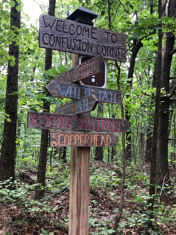 A wooden signpost in a forest, featuring multiple arrowed signs. The top sign reads "Welcome to Confusion Corner," with arrows pointing in different directions labeled "Flying Squirrel," "White Tail," "Copperhead," and "Flying Squirrel" again. The surrounding area is lush with green foliage and trees. Chicopee Woods mountain bike trail.