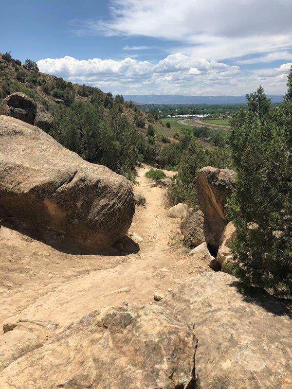 A dirt path winding through rocky terrain, surrounded by greenery, with a picturesque view of the landscape and clouds in the sky. Palisade Rim mountain bike trail.