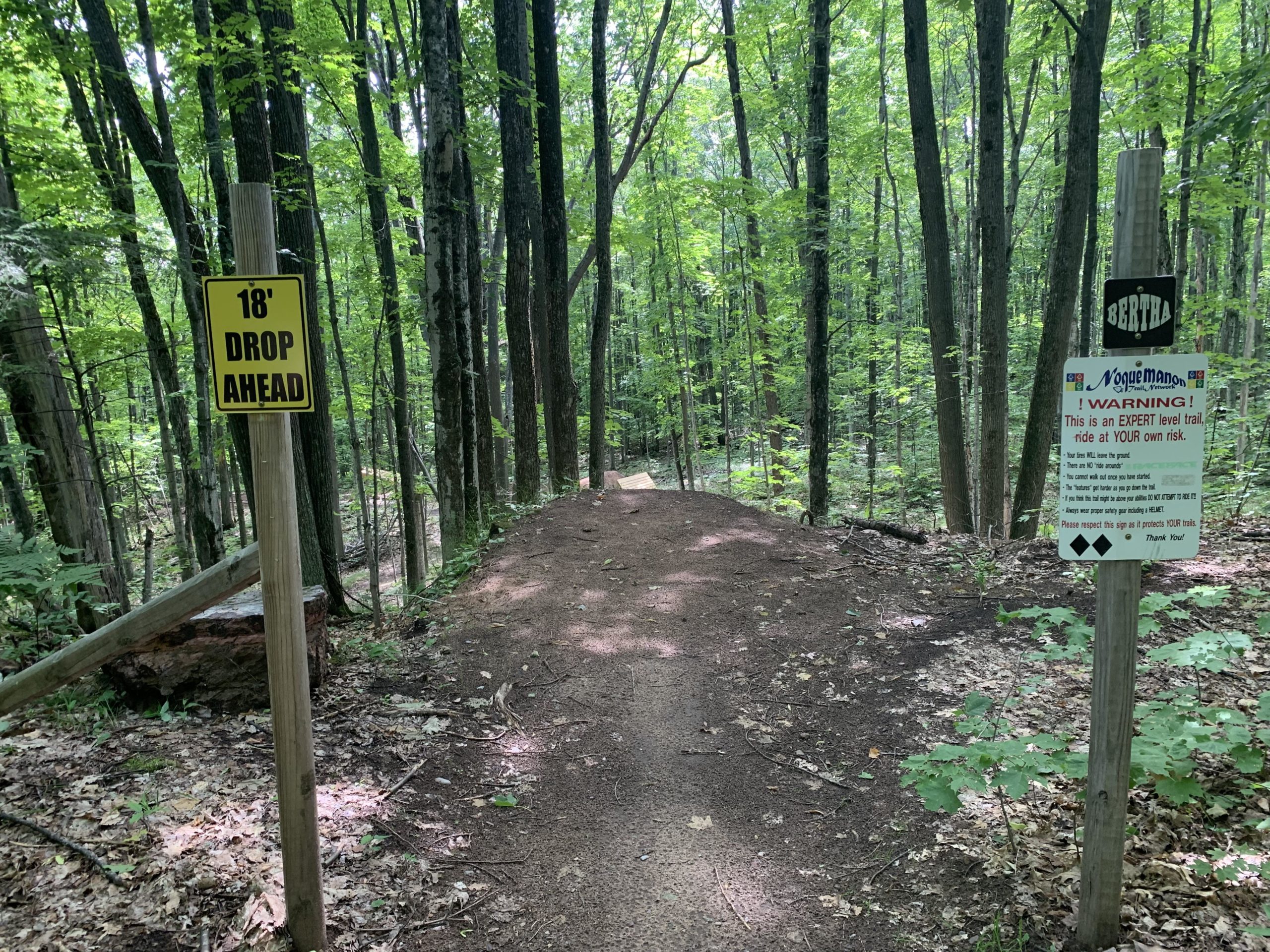 A forested trail with a dirt path leading downhill, flanked by two warning signs. The left sign indicates an "18' DROP AHEAD," while the right sign warns that the trail is for expert riders only and advises to ride at your own risk. The surrounding area is lush with green trees and foliage. Noquemanon Trails Network: South Marquette Trails mountain bike trail.