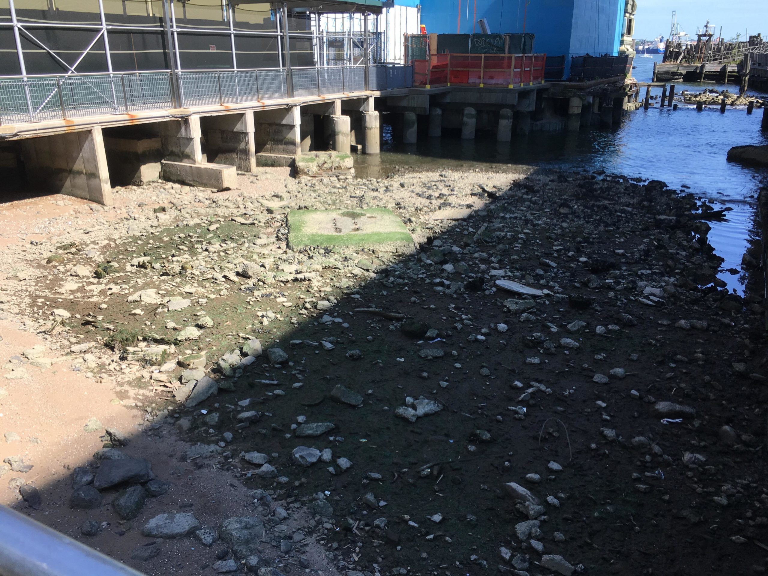 A partially exposed shoreline with rocky and sandy areas, under a pier structure. The foreground shows a mix of rocks and sediment, with patches of green vegetation, while water is visible in the background. A construction site and equipment are seen in the distance, indicating ongoing work in the area. East Side Green way 34th st to the Staten Island Ferry mountain bike trail.