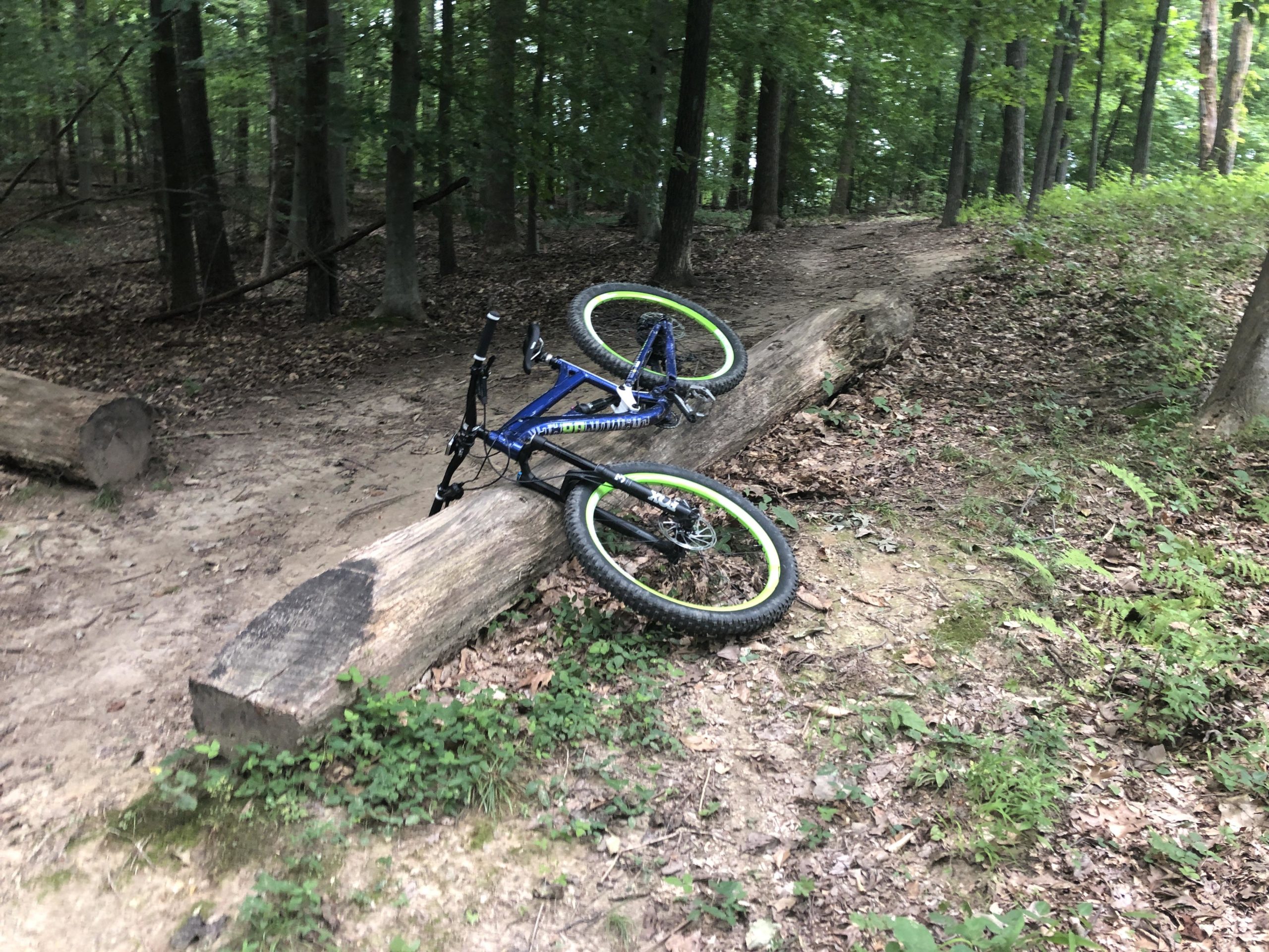 A blue mountain bike with green accents lies on a log in a forested area. The bike is positioned at an angle, and the ground is covered with dirt and fallen leaves, surrounded by trees and greenery. Fairland Recreational Park mountain bike trail.