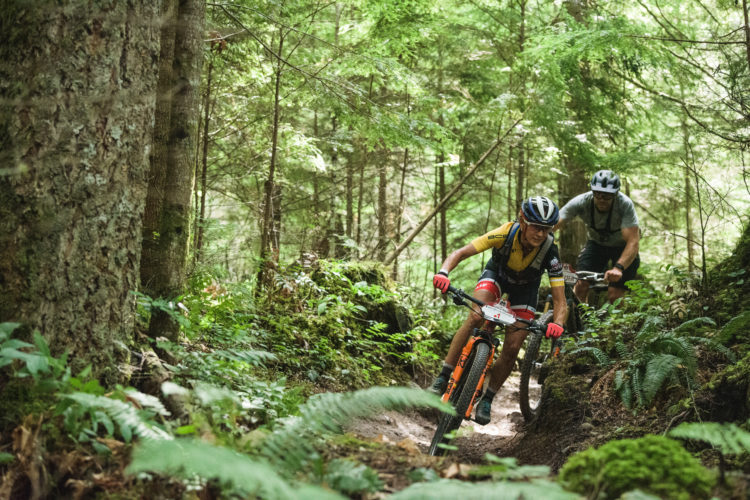 A cyclist in a yellow and black jersey navigates a narrow trail through a dense forest, surrounded by tall trees and lush greenery, while another cyclist in a gray shirt follows closely behind.
