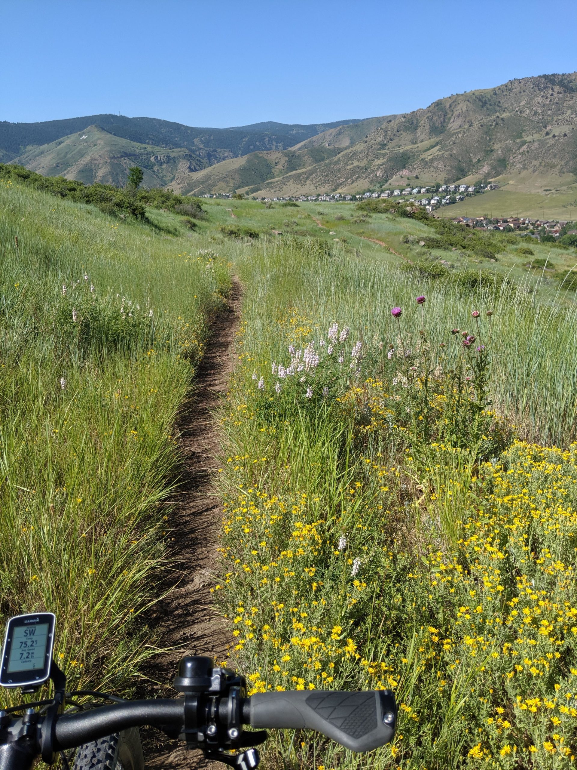 A scenic view from a mountain biking trail showing a narrow path through lush green grass and colorful wildflowers. In the background, rolling hills and mountains are visible under a clear blue sky, with a row of houses nestled at the base of the hills. A bike handlebar and a GPS device displaying temperature and direction are in the foreground. North Table Mountain mountain bike trail.