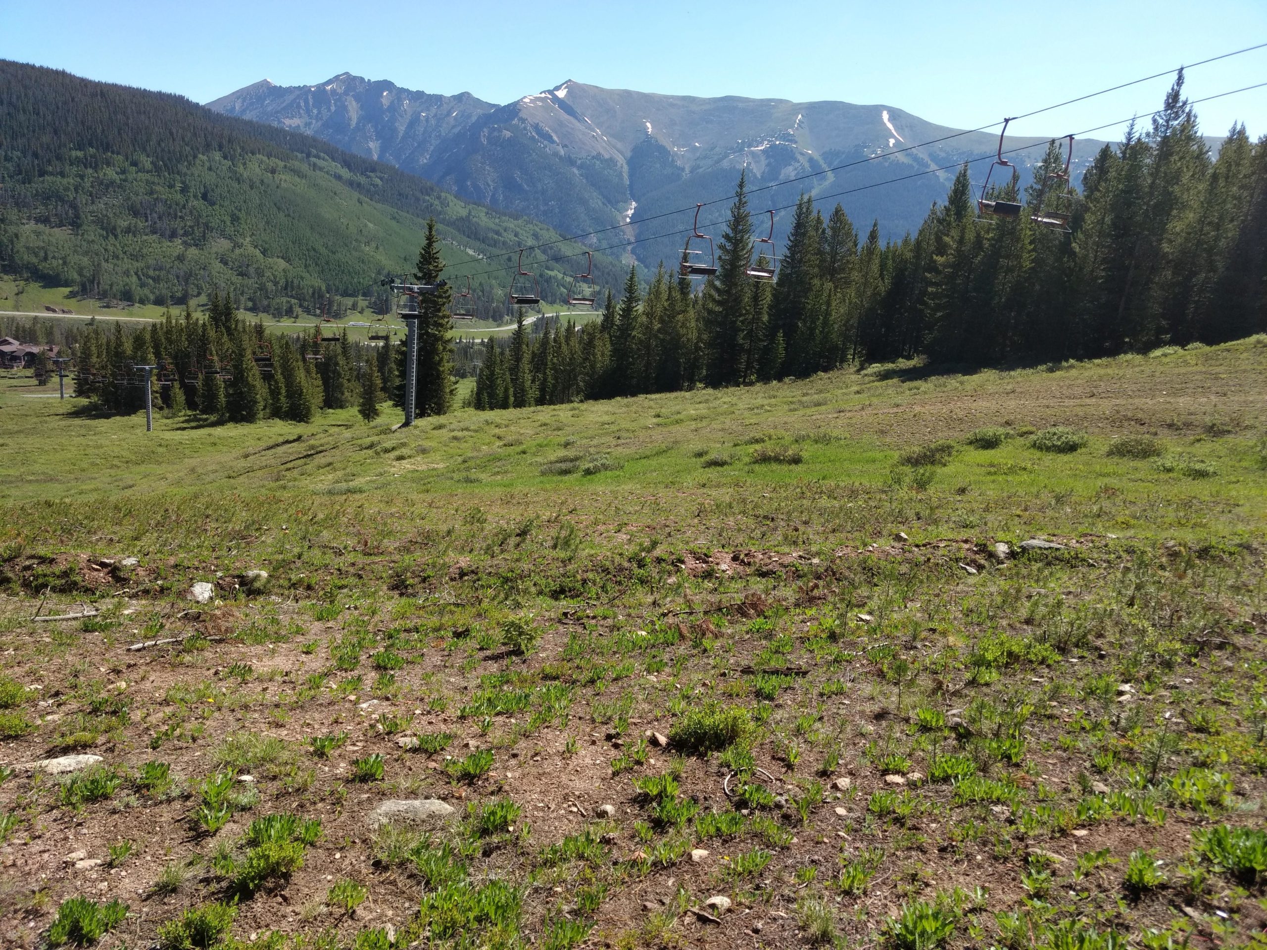 A scenic view of a mountainous landscape featuring lush green meadows, coniferous trees, and distant snow-capped peaks. A ski lift is visible in the foreground, surrounded by patches of grass and dirt. The sky is clear and sunny, enhancing the vibrant colors of the natural environment. Colorado Trail: Searle Pass and Kokomo Pass (Copper Mountain to Camp Hale) mountain bike trail.