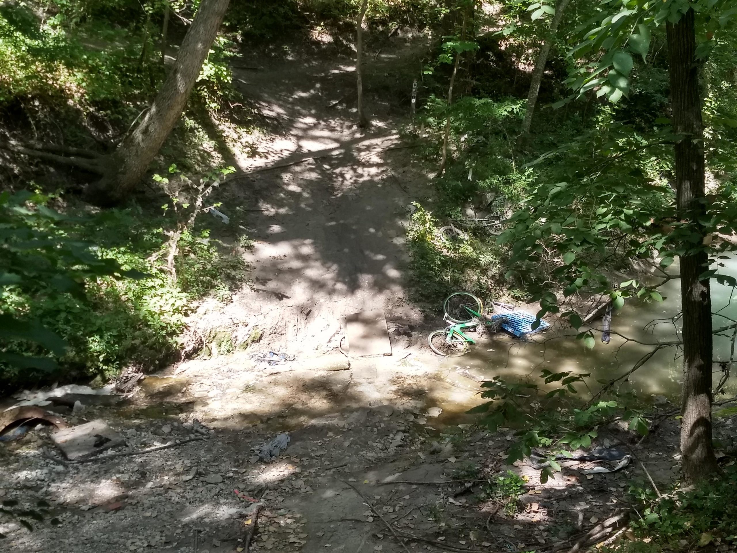 A view of a wooded area with a shallow stream, featuring a bicycle partially submerged in the water and debris scattered along the bank. Sunlight filters through the trees, casting dappled shadows on the ground and vegetation. Rowlett Creek Preserve mountain bike trail.