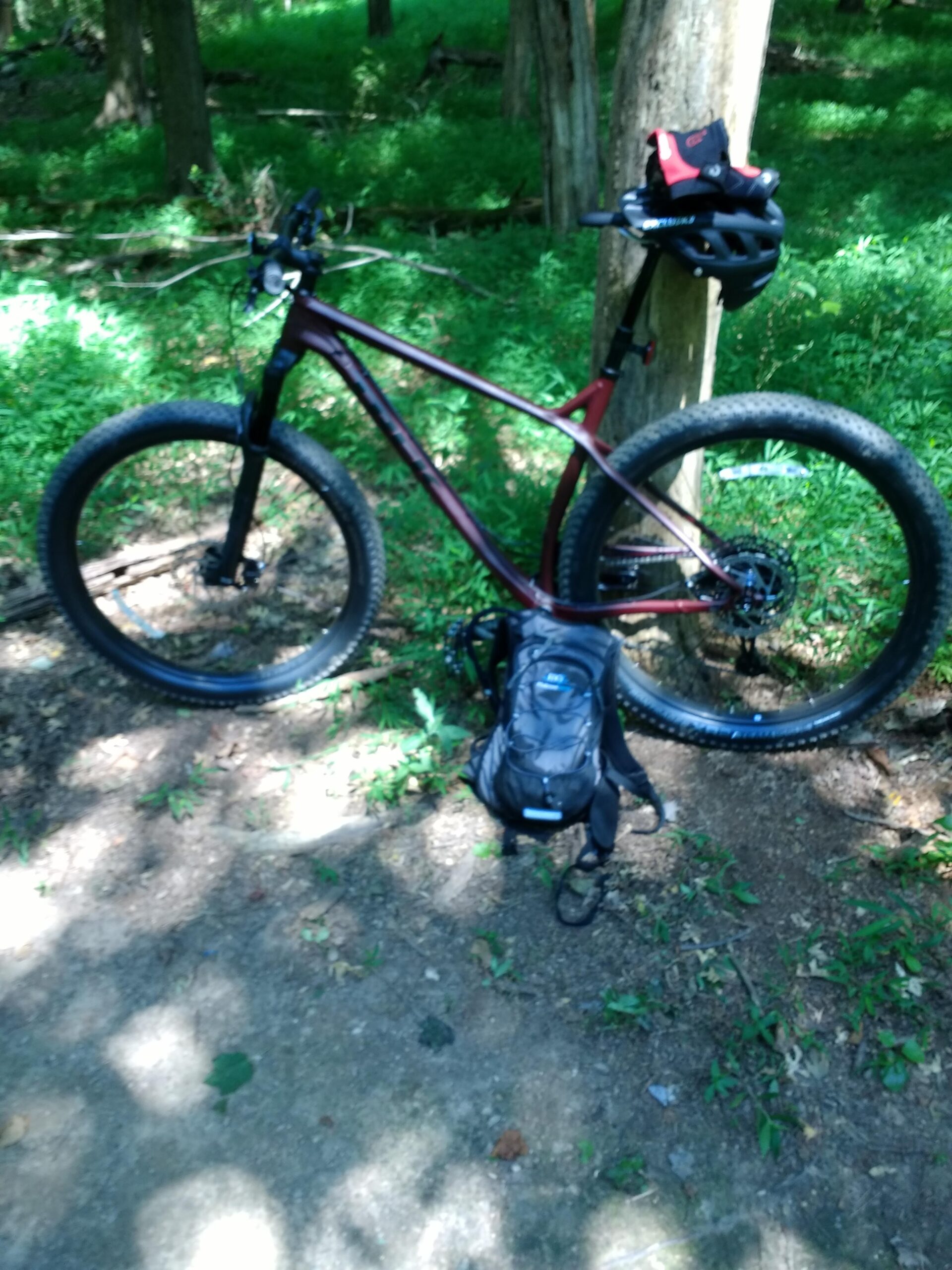 Trek Stache 7: A mountain bike parked beside a tree in a lush green forest setting. A black backpack is resting on the ground next to the bike, which has a red and black helmet placed on its handlebars. Sunlight filters through the trees, casting dappled shadows on the dirt path.