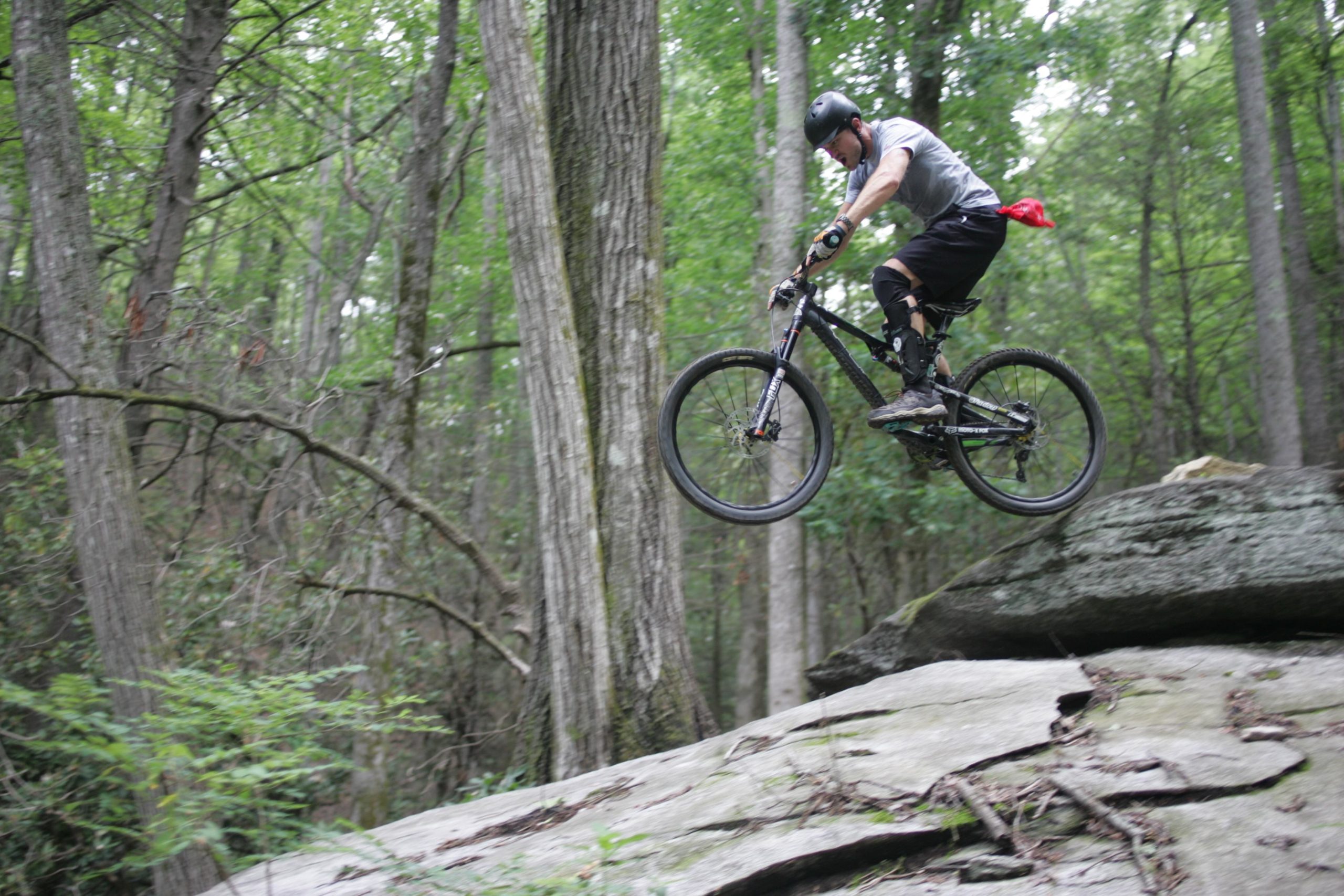 A mountain biker in a helmet and protective gear jumps off a rock in a forested area, surrounded by tall trees and greenery. Weed Patch Mountain Trail mountain bike trail.