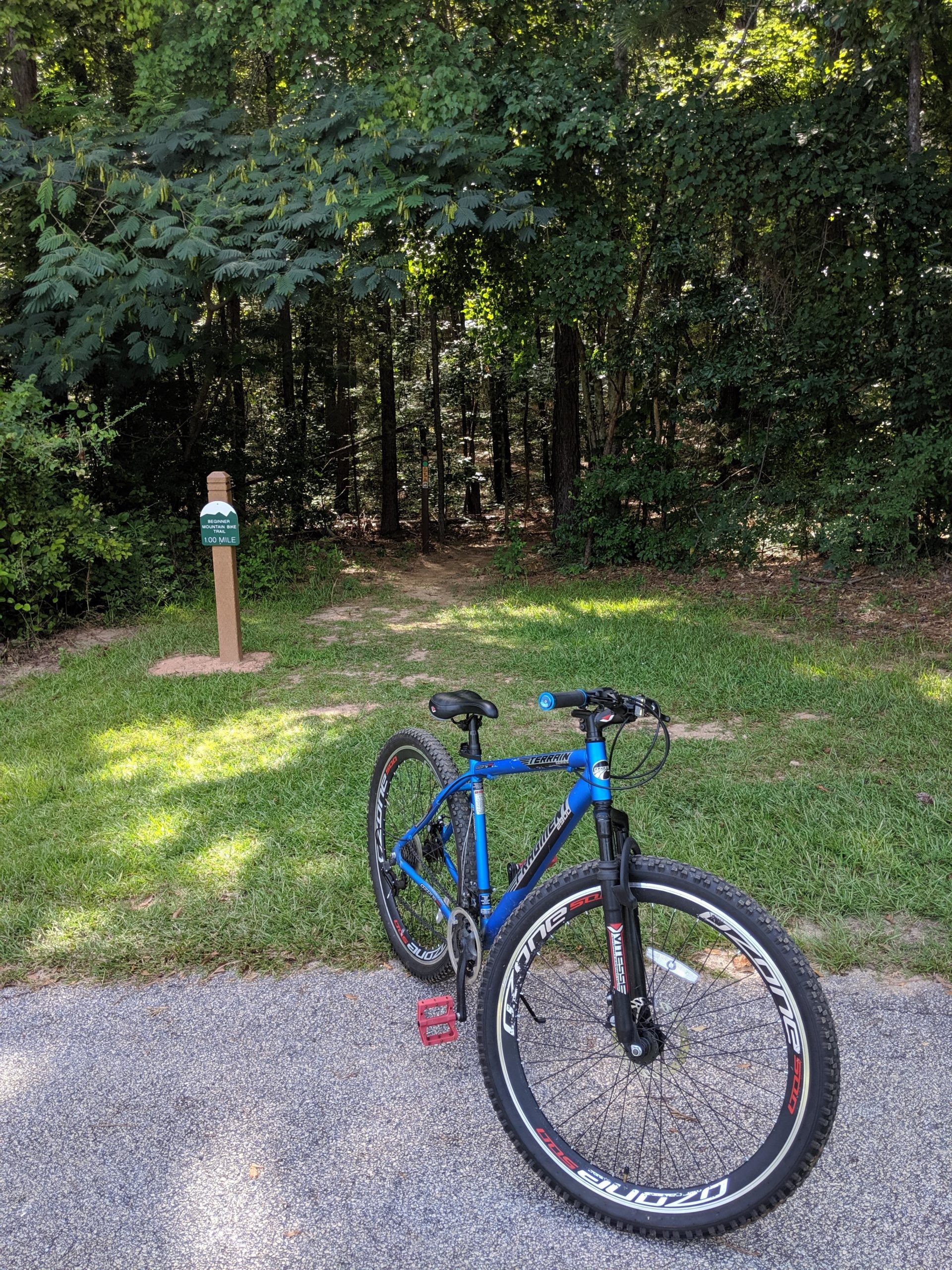 A blue mountain bike is parked on a gravel path, leaning towards a grassy area. In the background, a wooded trail entrance is visible, marked by a brown sign indicating a 100-mile route. The scene is surrounded by lush green trees and foliage, suggesting a serene outdoor setting. South Rockdale Community Park mountain bike trail.