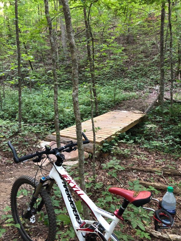 A mountain bike resting on a forested trail, with a wooden bridge crossing a small path in the background. Lush green foliage surrounds the scene, creating a peaceful outdoor environment. A water bottle is placed near the bike. Talking Rock Nature Preserve mountain bike trail.