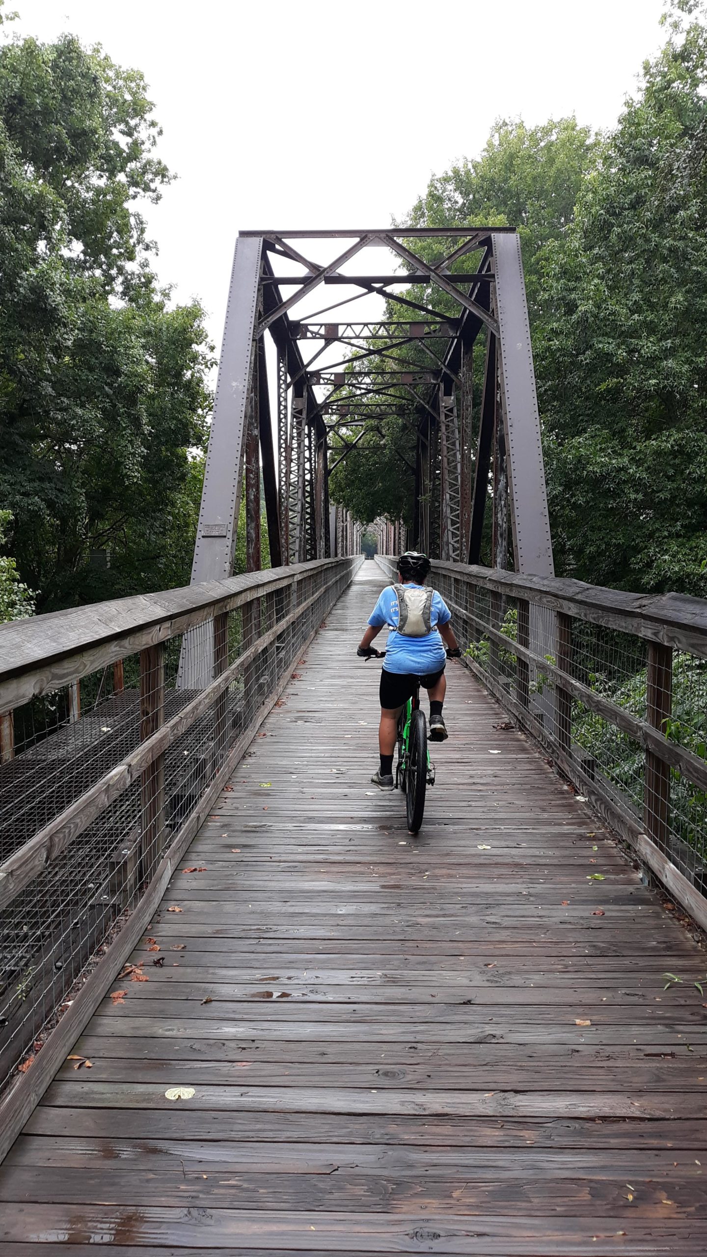 A person riding a bicycle on a wooden bridge surrounded by trees. The bridge is made of metal with an intricate design, and the path is slightly wet, suggesting recent rain. The cyclist is wearing a blue shirt and a helmet, with a small backpack. palmetto trail (peak to prosperity passage) mountain bike trail.