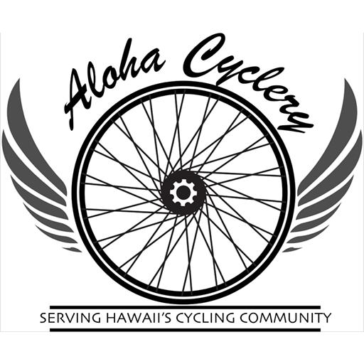 Black and white logo for Aloha Cyclery featuring a bicycle wheel with stylized wings, accompanied by the text "Aloha Cyclery" above and "Serving Hawaii's Cycling Community" below.