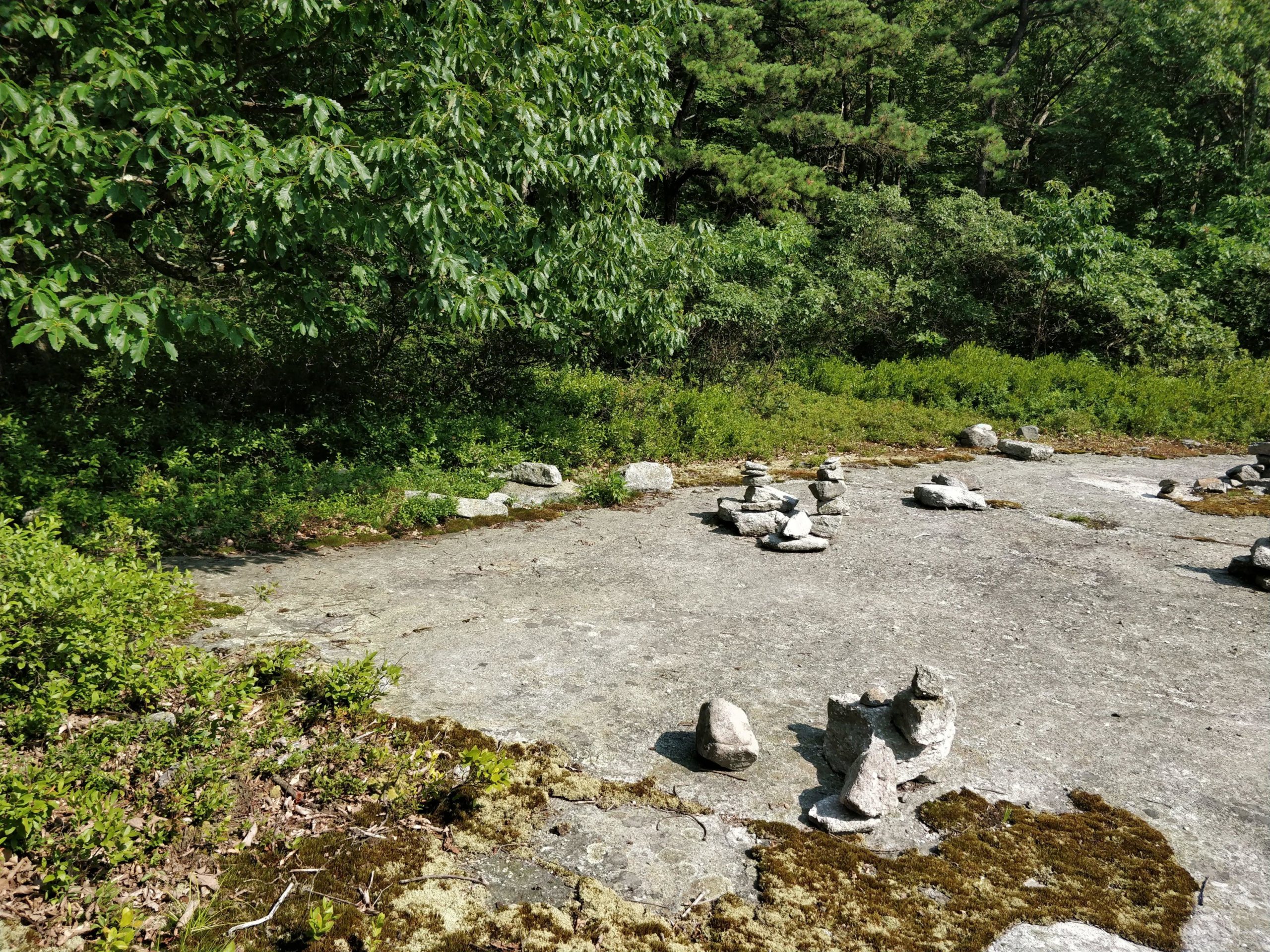 A rocky surface in a forested area, featuring several small piles of stacked stones scattered across the ground. Surrounding vegetation includes green bushes and trees, creating a tranquil natural setting. Blueberry mountain bike trail.