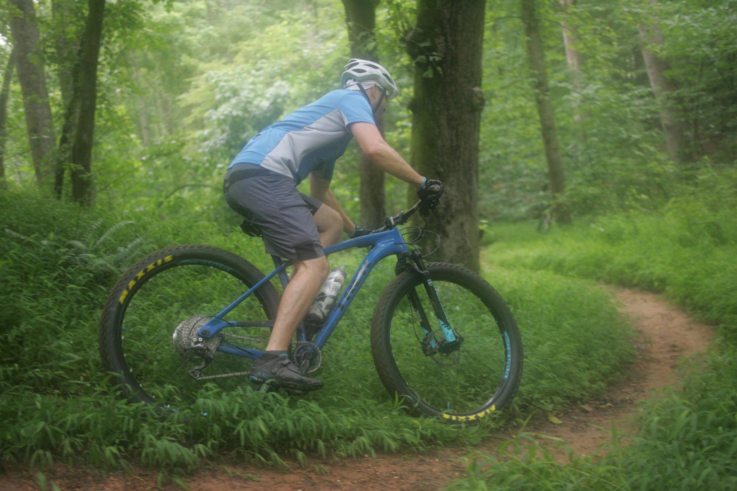 A cyclist riding a blue mountain bike along a narrow, winding trail in a lush green forest. The cyclist is wearing a helmet and a blue and gray cycling shirt, pedaling through dense grass and surrounded by trees. The scene is vibrant and captures the essence of mountain biking in nature. Owls Roost (Bur-Mil Park) mountain bike trail.