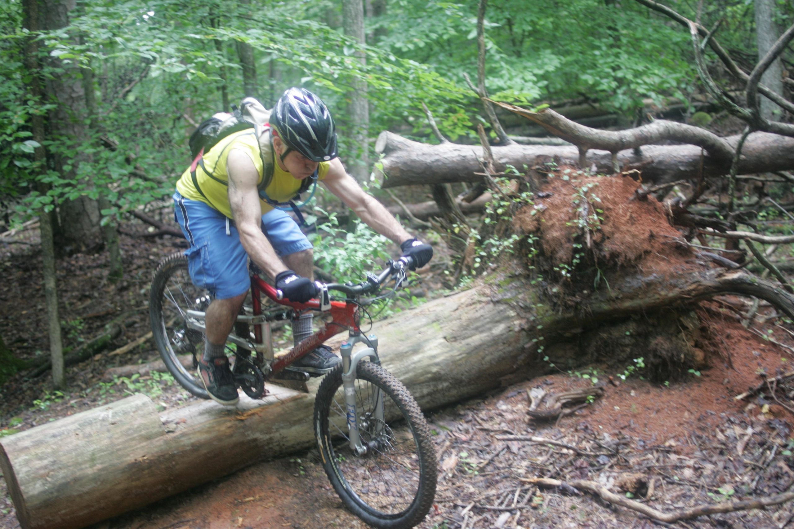 A mountain biker dressed in a yellow tank top and blue shorts navigates over a fallen log in a dense, green forest. The rider is focused and wearing a helmet and gloves, demonstrating skill and balance on the trail. Owls Roost (Bur-Mil Park) mountain bike trail.