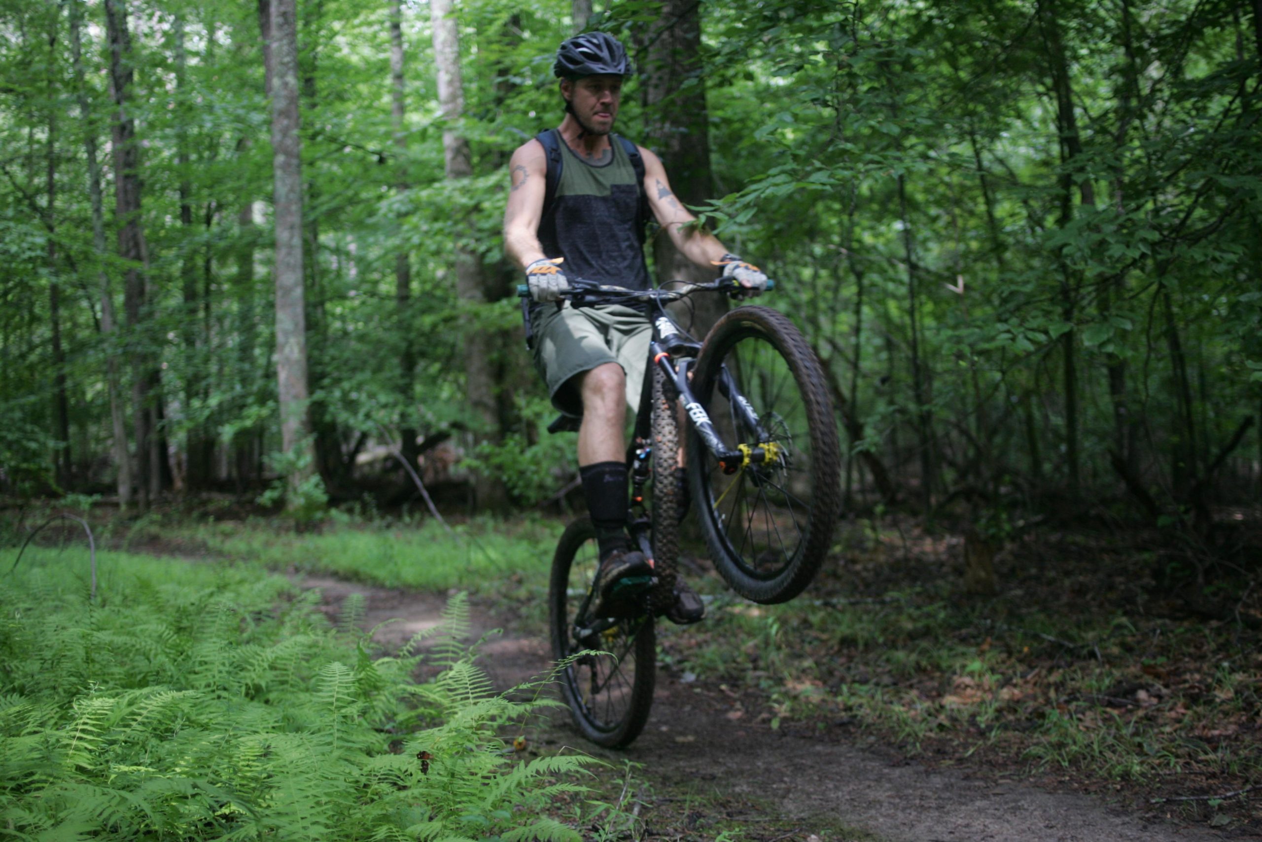 A cyclist performing a wheelie on a mountain bike while riding along a dirt path through a lush, green forest. The rider is wearing a helmet and casual riding gear, surrounded by vibrant ferns and tall trees. Owls Roost (Bur-Mil Park) mountain bike trail.