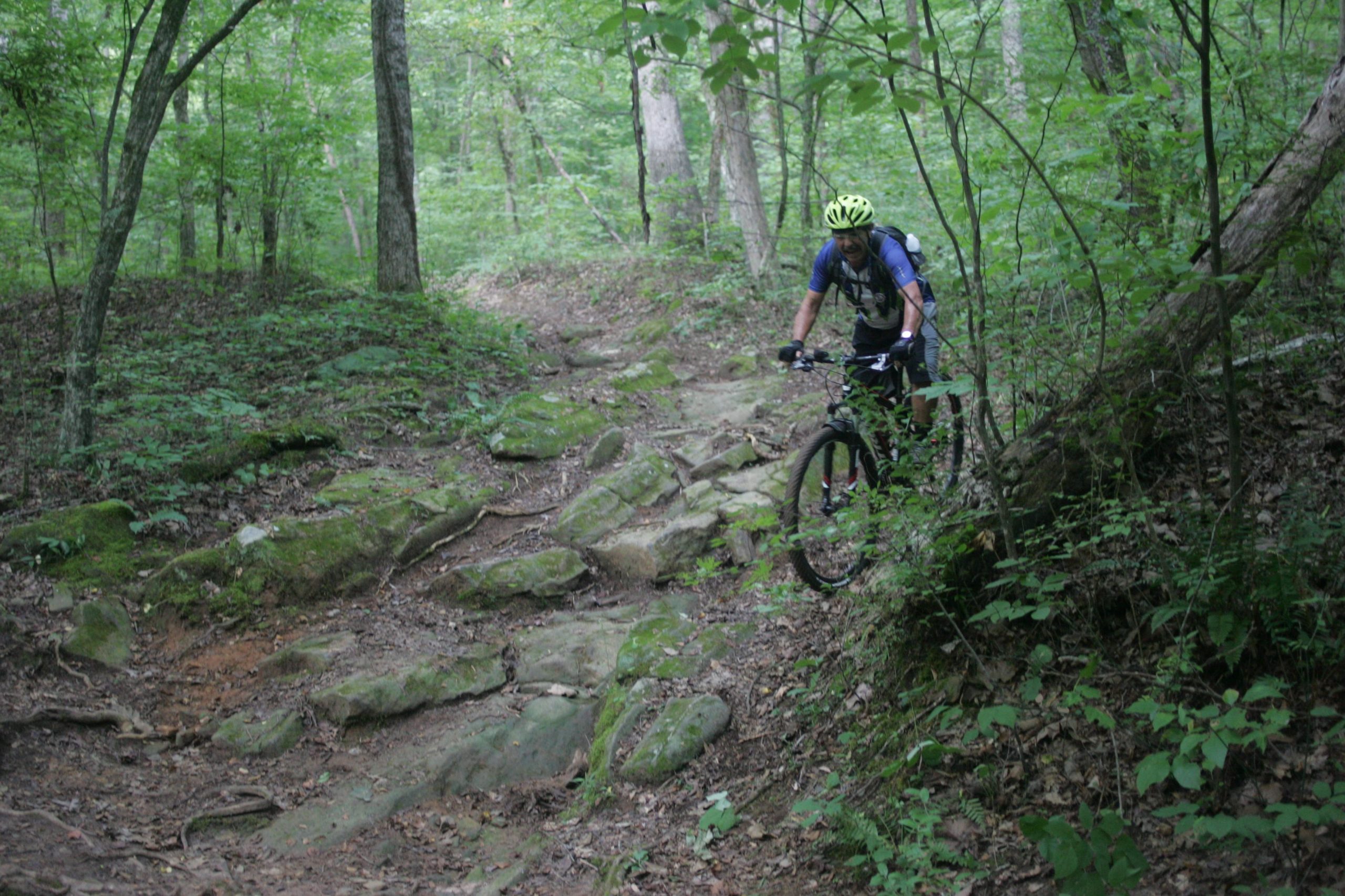 A mountain biker navigating a rocky trail surrounded by lush green trees in a forested area. The path features large stones and roots, indicating the challenging terrain. The cyclist is wearing a yellow helmet and a backpack, focusing intently on the trail ahead. Salem Lake mountain bike trail.