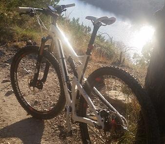 Santa Cruz Tallboy Carbon: A mountain bike parked on a gravel path next to a serene body of water, surrounded by greenery and sunlight filtering through the trees.
