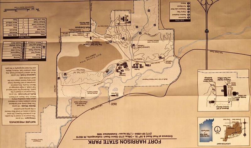Map of Fort Harrison State Park, showing trails, facilities, and natural features. Includes a legend, scale, and information about park amenities. The map is oriented with north at the top, highlighting various points of interest within the park. Fort Harrison State Park mountain bike trail.