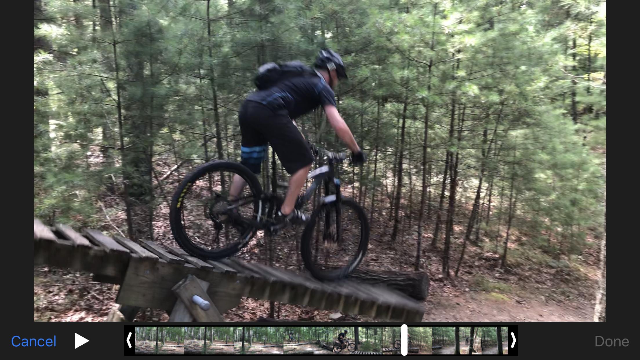 A mountain biker navigates a wooden bridge on a forest trail, surrounded by trees and foliage. The cyclist is wearing a helmet and riding a black mountain bike, demonstrating skill and agility as they balance on the narrow structure. Duxbury mountain bike trail.