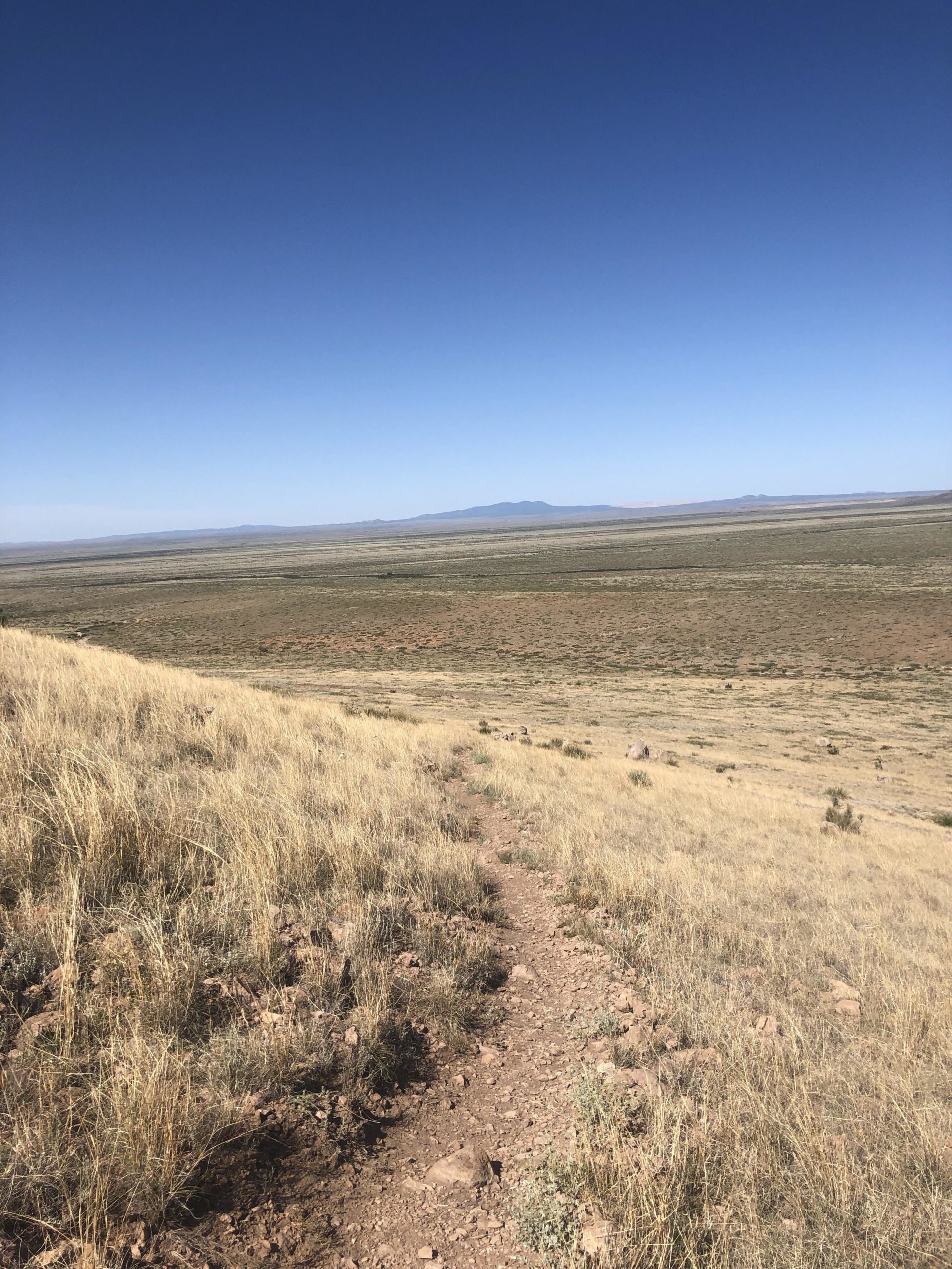 A scenic view of a wide, open landscape under a clear blue sky. In the foreground, a dirt path winds through dry grass and rocky terrain, leading towards the distant mountains on the horizon. The expansive vista features rolling hills and patches of vegetation, creating a sense of tranquility and natural beauty. City Of Rocks mountain bike trail.