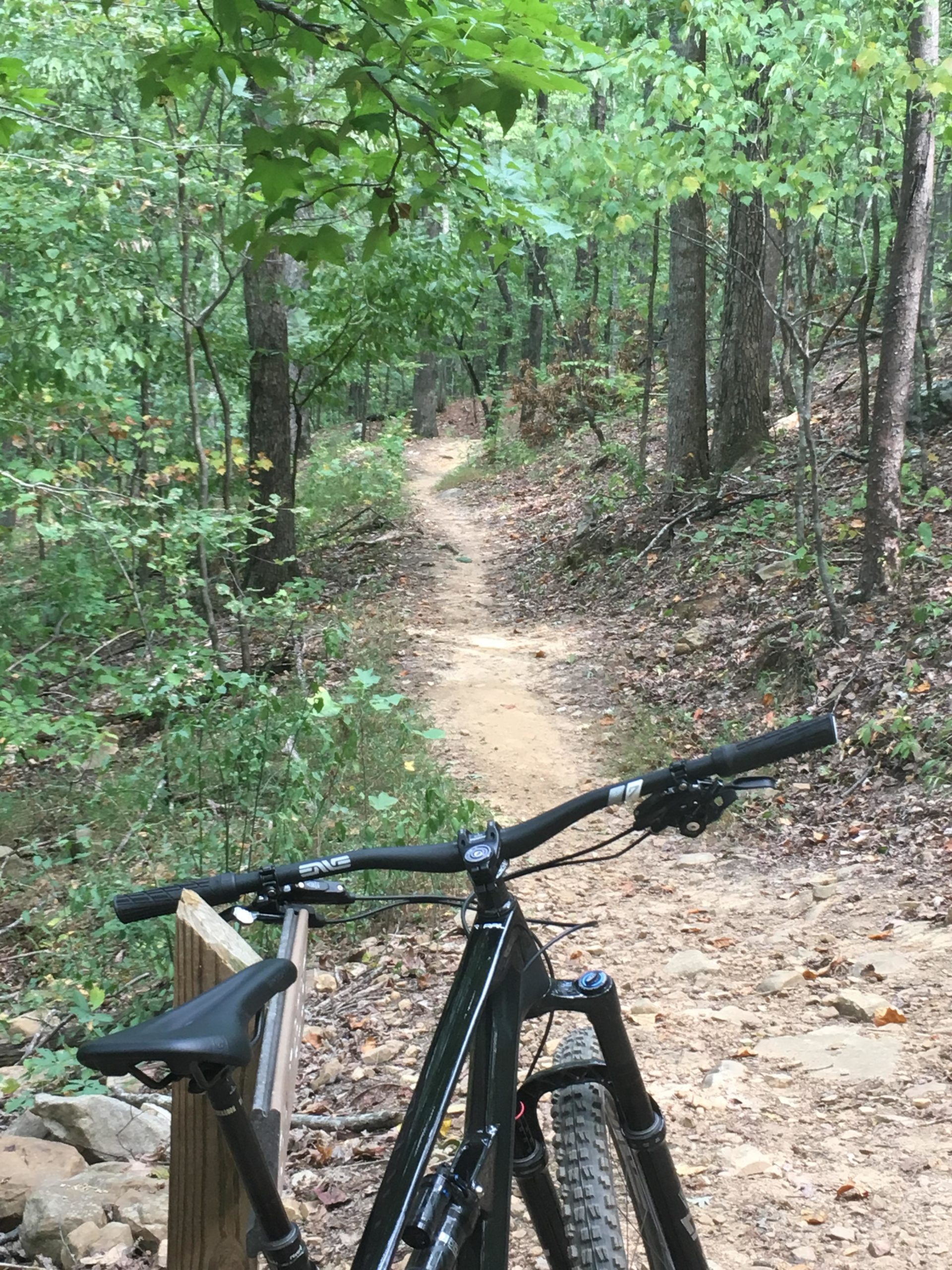 A mountain bike leaning against a wooden post along a winding dirt trail in a lush, green forest. The path is surrounded by trees and fallen leaves, indicating a peaceful outdoor setting ideal for biking and exploring nature. Oak Mountain State Park mountain bike trail.