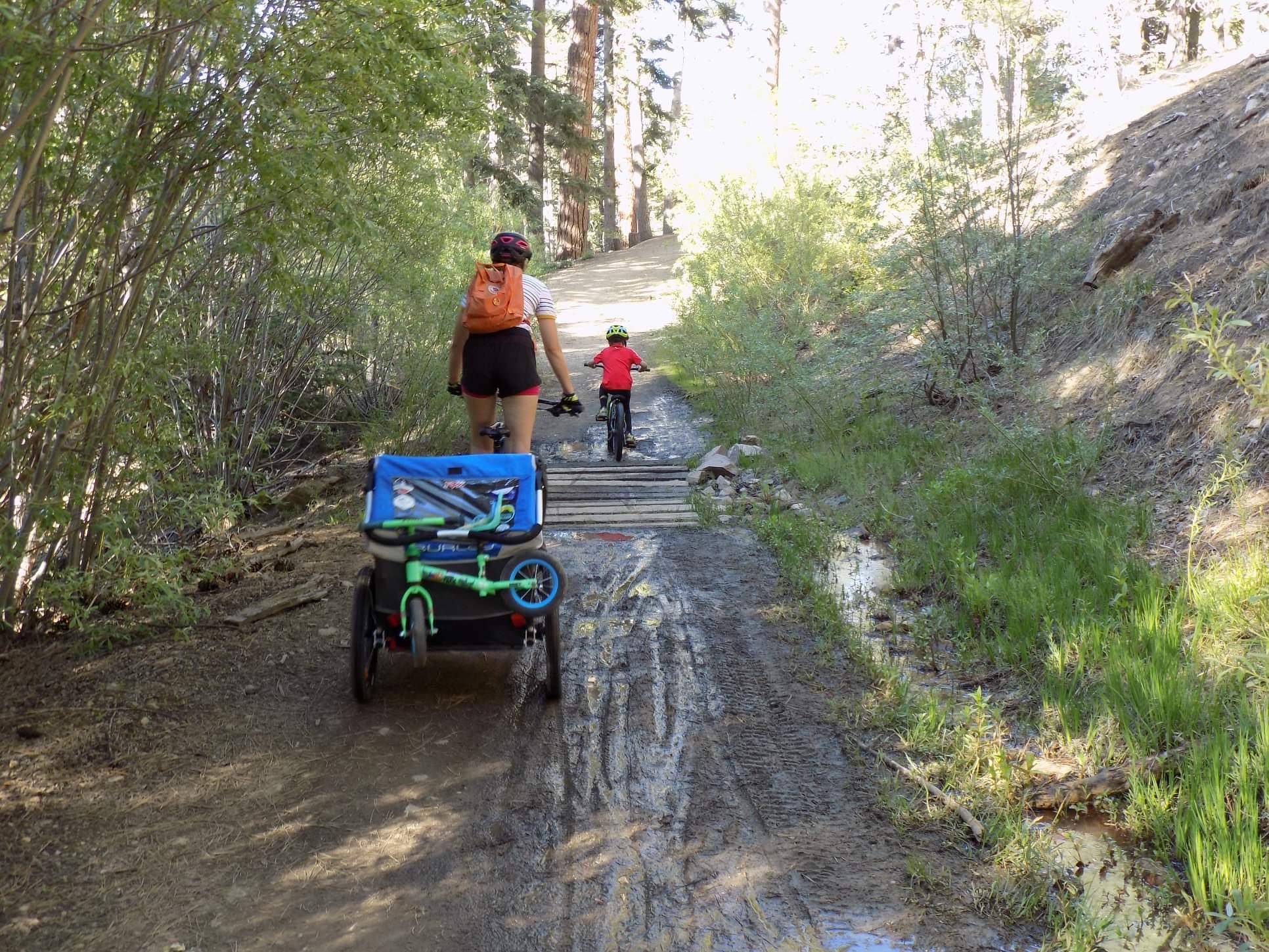 A person walking on a dirt trail alongside a child on a small bike, while pushing a stroller with a blue and green design. The path is surrounded by greenery and trees, with a wooden bridge ahead. Sunlight filters through the foliage, creating a bright scene. Town Trail mountain bike trail.