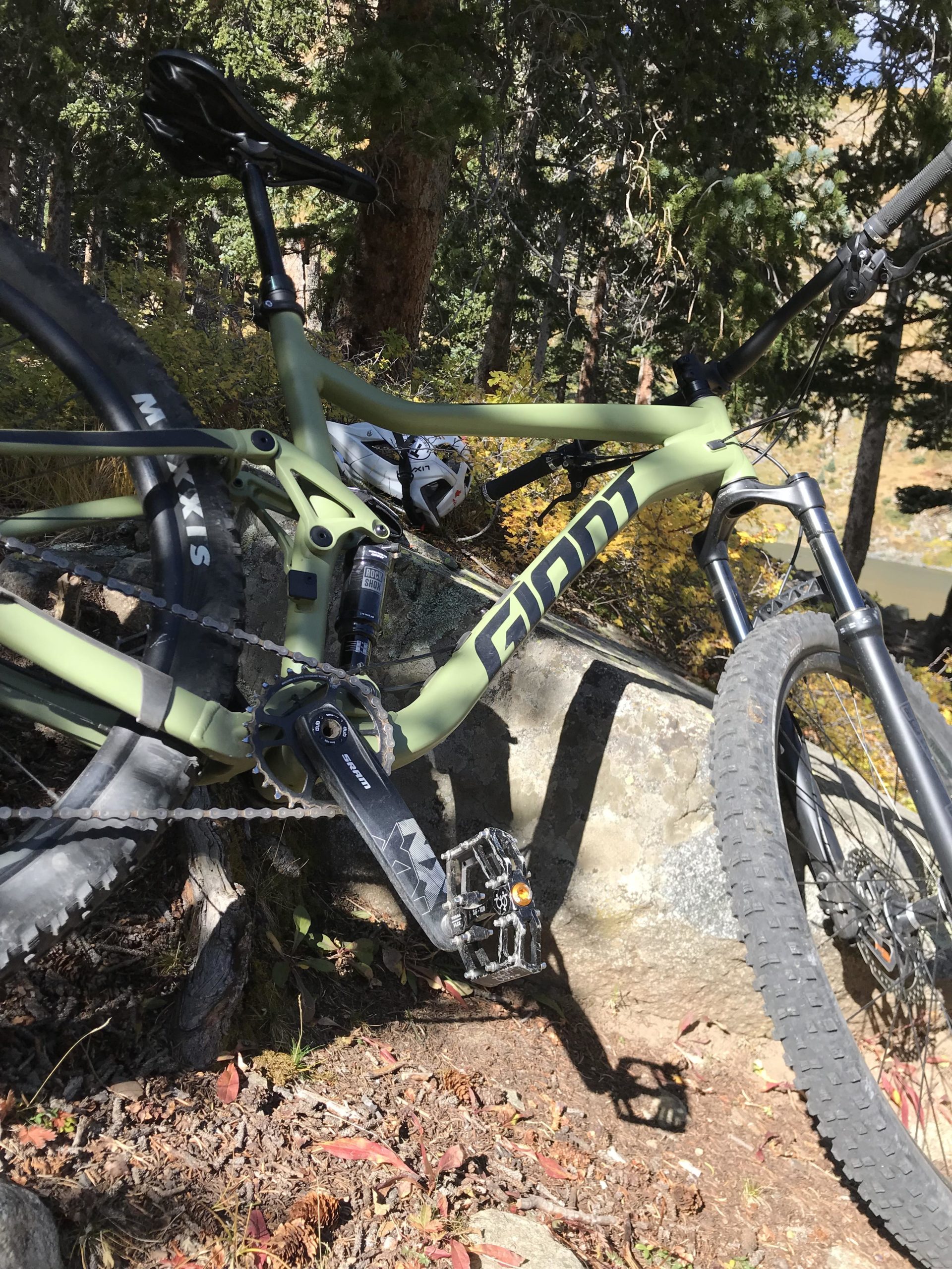 A close-up view of a mountain bike, featuring a green frame and black components, resting against a rock in a forested area. The image shows the bike's pedal and part of the crankset, with trees and foliage in the background. Sunlight filters through the trees, creating a serene outdoor atmosphere. Lost Lake to East Fork Loop mountain bike trail.