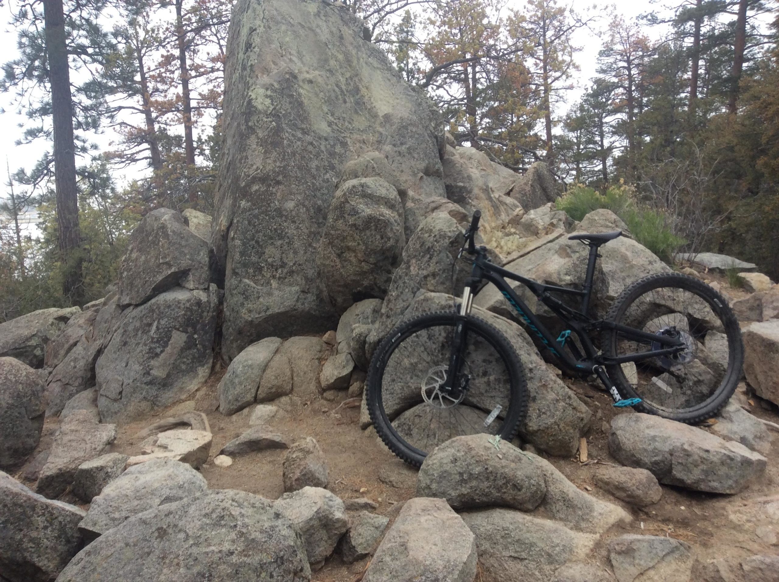 A mountain bike leaning against a large rock formation, surrounded by smaller rocks and sparse vegetation, in a forested outdoor setting. Woodland Trail mountain bike trail.
