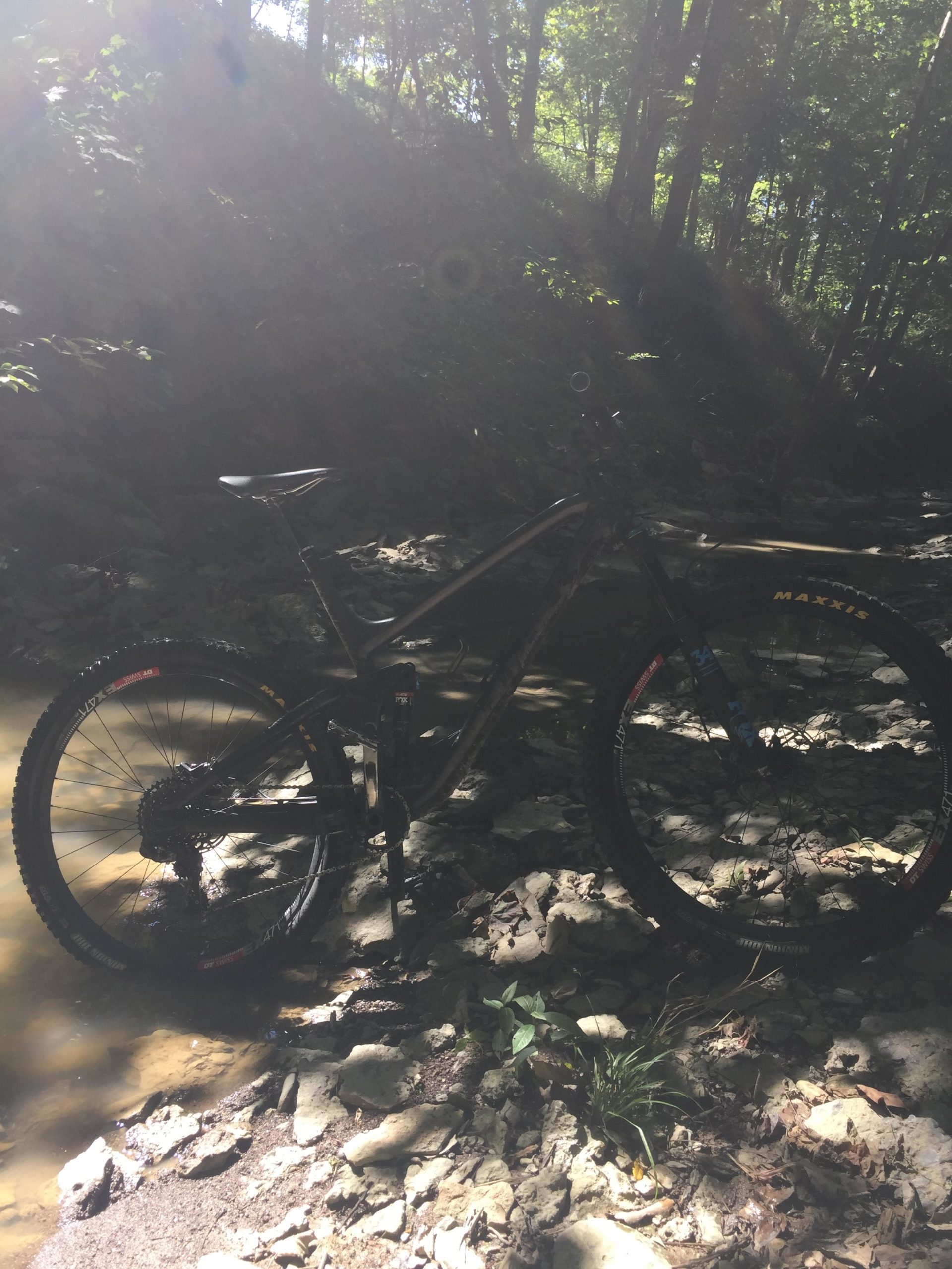 A mountain bike resting beside a shallow stream, surrounded by rocky terrain and lush greenery. Sunlight filters through the trees, creating a dappled effect on the scene. England Idlewild Mountain Biking Park mountain bike trail.