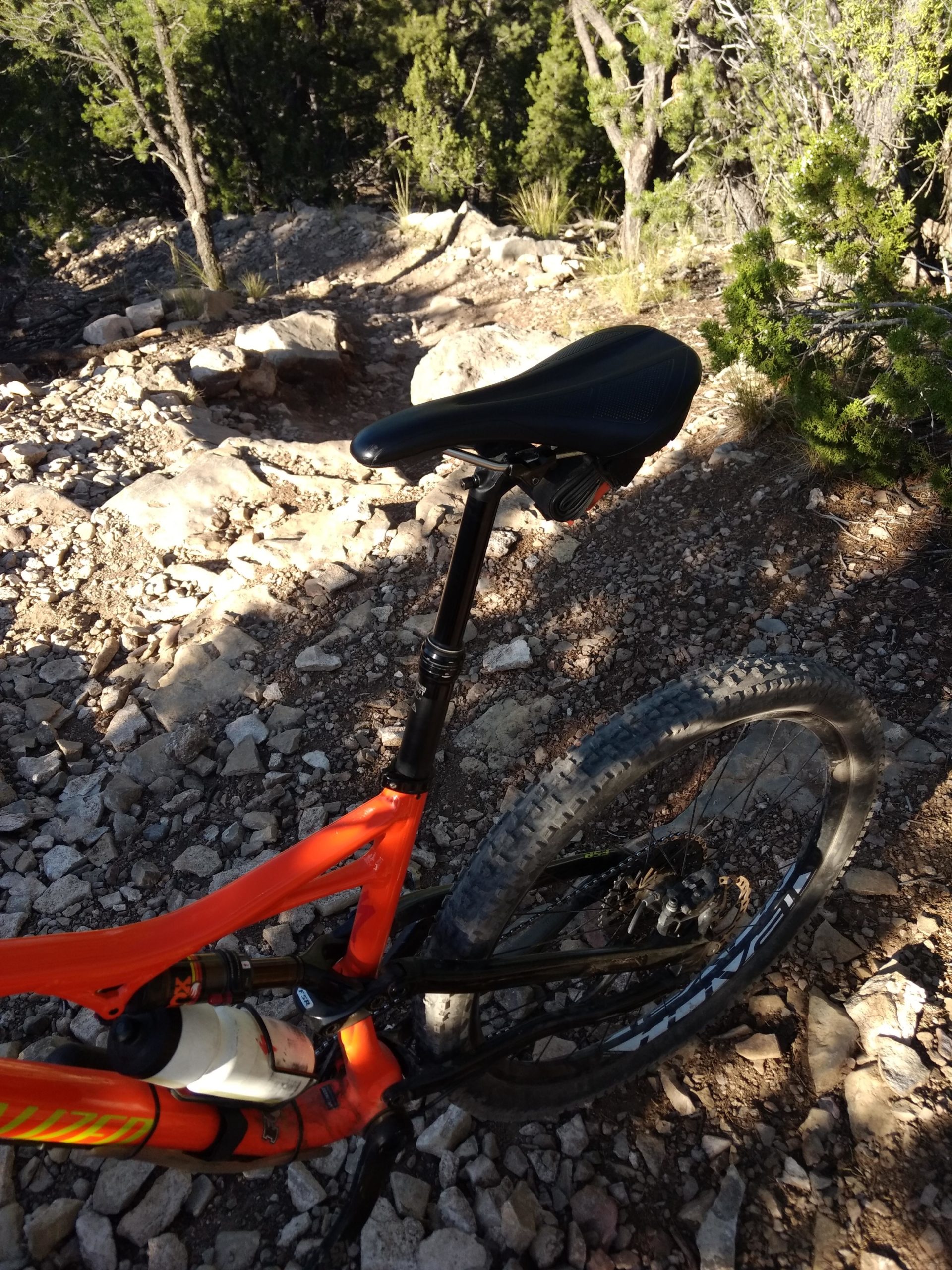 A close-up view of a mountain bike's saddle and frame, with the bike positioned on a rocky trail surrounded by trees. The bike features an orange frame, a black saddle, and a visible water bottle holder. The background shows uneven terrain with rocks and greenery. Otero Canyon mountain bike trail.