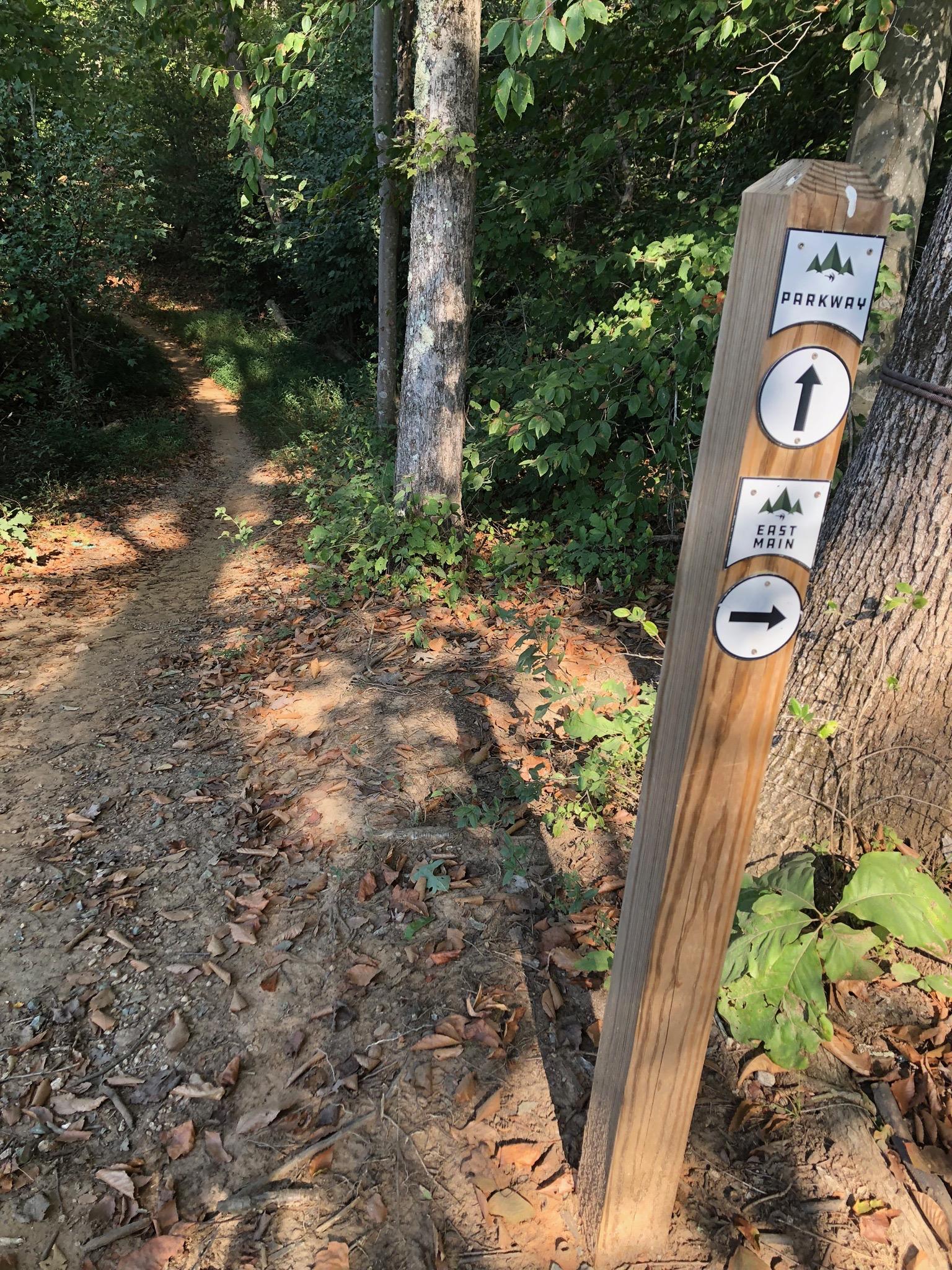 Wooden trail sign with directional arrows indicating "Parkway" and "East Main," located alongside a dirt pathway surrounded by lush green foliage and fallen leaves in a forested area. USNWC mountain bike trail.