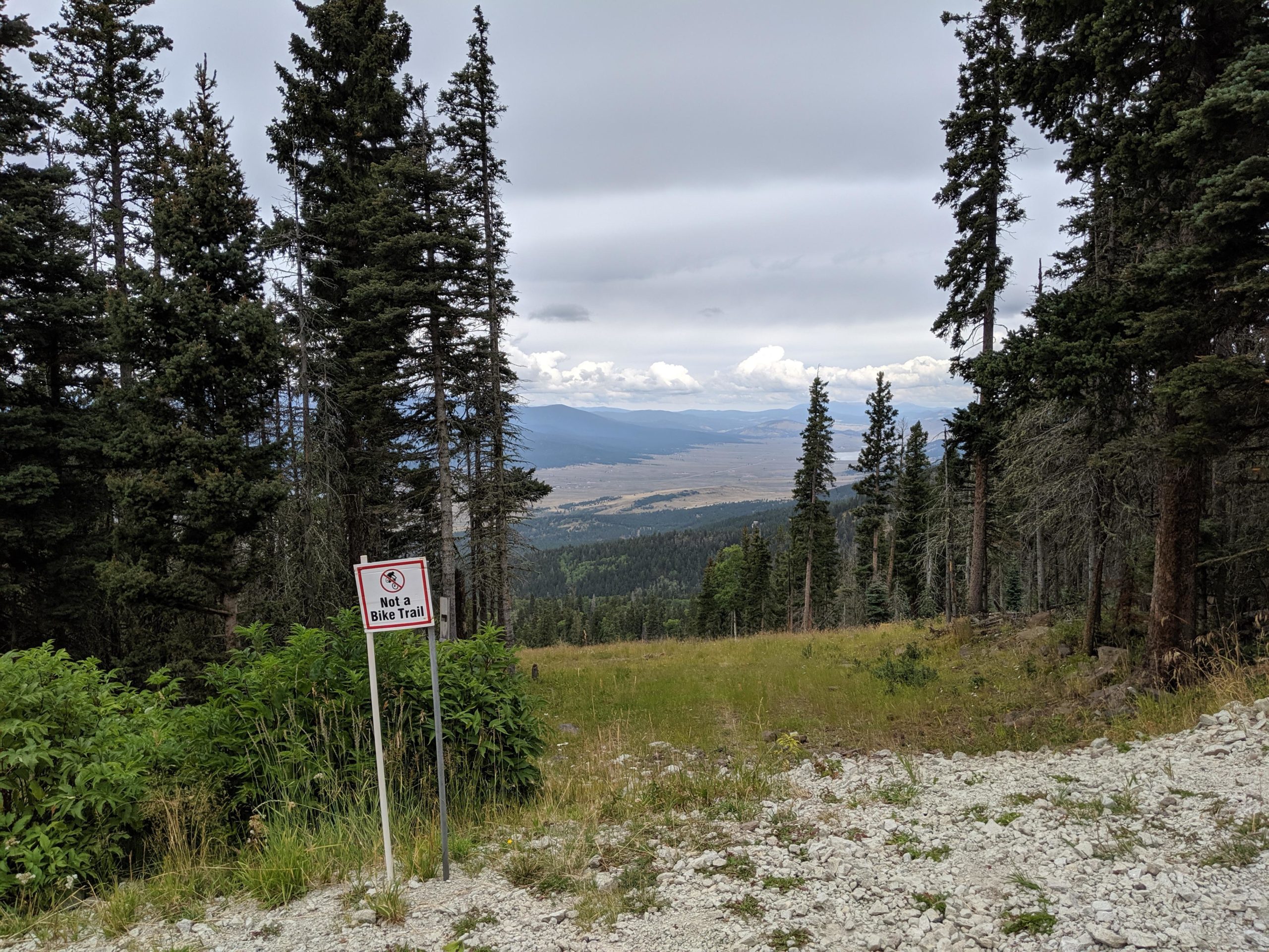 A scenic view from a forested area overlooking a valley, with a signpost indicating "Not a Bike Trail." Tall evergreen trees are present on either side, and the landscape features rolling hills and a cloudy sky in the background. Angel Fire Bike Park mountain bike trail.