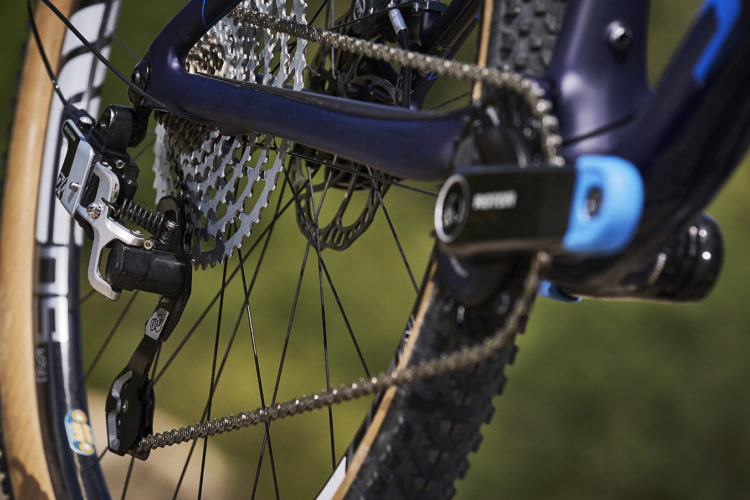 Close-up of a bicycle's rear derailleur and cassette, showcasing the chain and gear system, with a blurred background of grass.