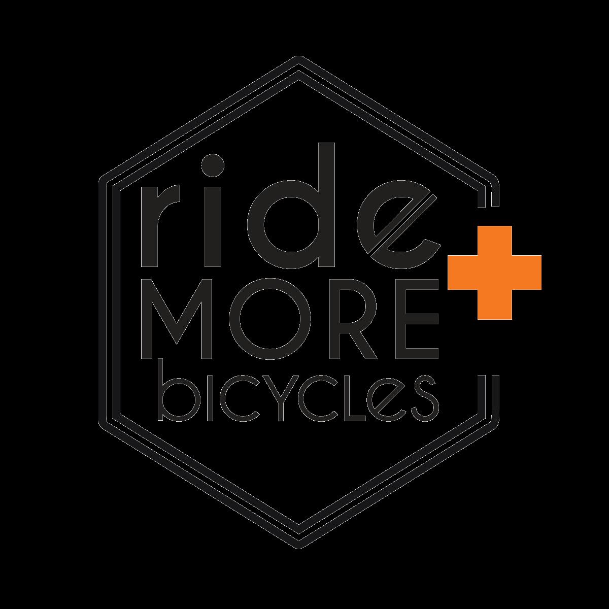 Logo for "ride MORE bicycles" featuring bold black text with an orange plus sign, within a hexagonal outline.
