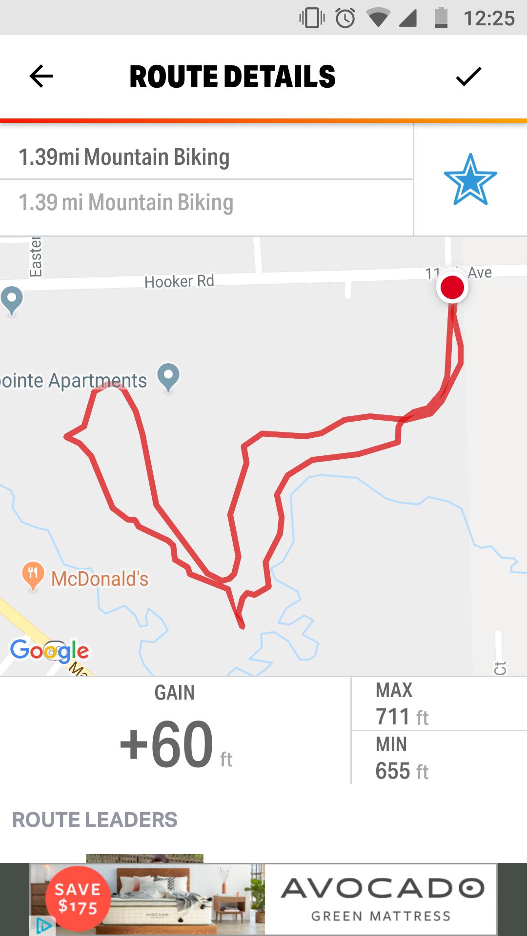 Map displaying a mountain biking route of 1.39 miles with a total elevation gain of 60 feet. The route includes various twists and turns, marked in red on a light background, with notable landmarks such as McDonald