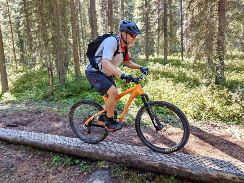 A mountain biker navigating a wooden trail through a dense forest, wearing a helmet and biking gear. The bike is orange, and the surrounding area is filled with green foliage and trees. Canmore Nordic Centre mountain bike trail.