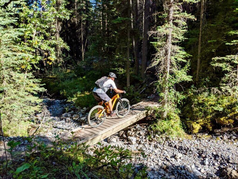 A cyclist riding an orange mountain bike across a wooden bridge in a dense forest with sunlight filtering through the trees. The scene features rocky terrain and vibrant greenery surrounding the trail. Canmore Nordic Centre mountain bike trail.