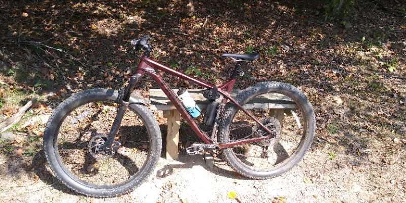 A mountain bike resting on a wooden bench in a forested area, surrounded by earthy ground and scattered leaves. The bike has a maroon frame and wider tires, indicating it is designed for off-road riding. Sunlight filters through the trees, casting dappled shadows on the scene. Seneca Creek Greenway Trail mountain bike trail.