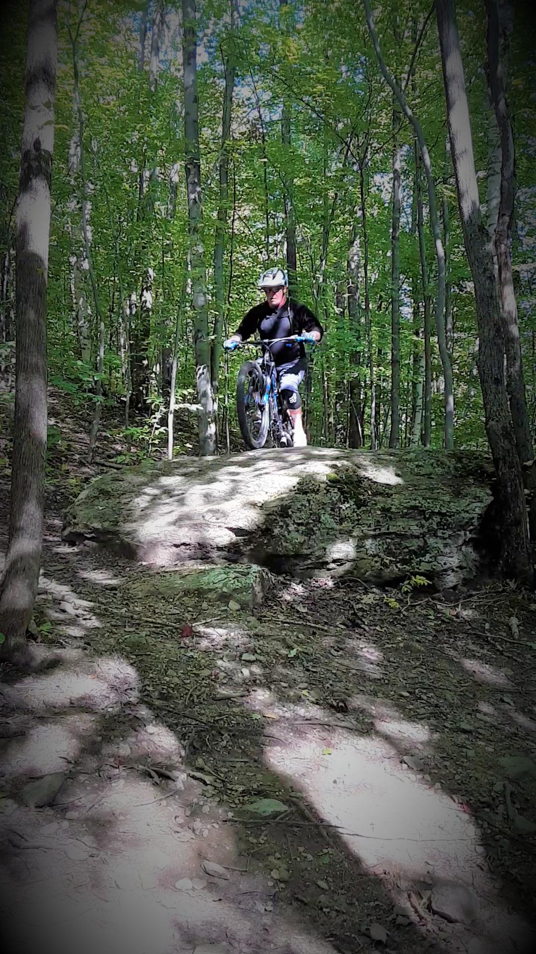 A mountain biker riding over a large rock in a wooded area, surrounded by green trees and dappled sunlight. The rider is wearing a helmet and climbing gear, showcasing an adventurous moment in nature. Hinesburg Town Forest mountain bike trail.