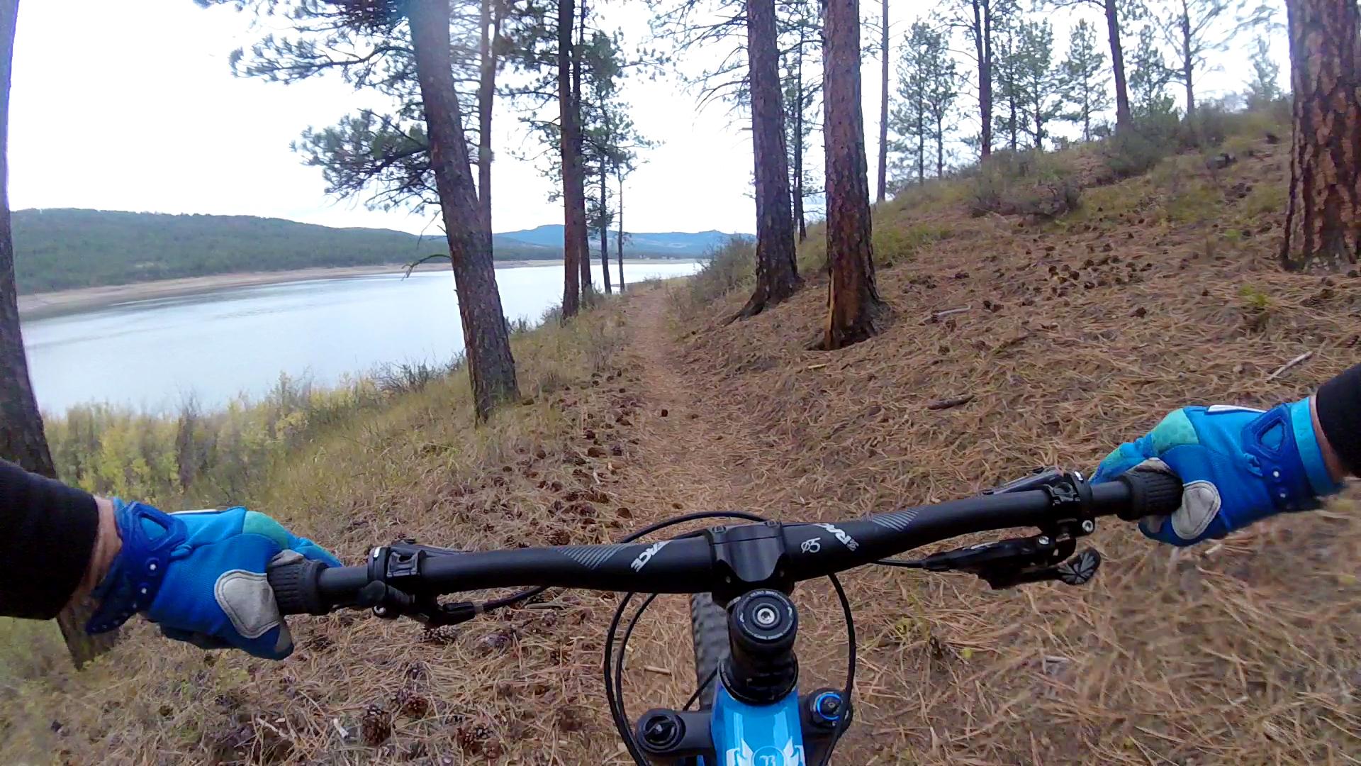 A view from the handlebars of a mountain bike on a narrow trail bordered by pine trees, with a lake visible in the background. The scenery features a mix of dry grass and fallen pinecones, under a cloudy sky. Phillips Lake North Shoreline Trail #1608 mountain bike trail.